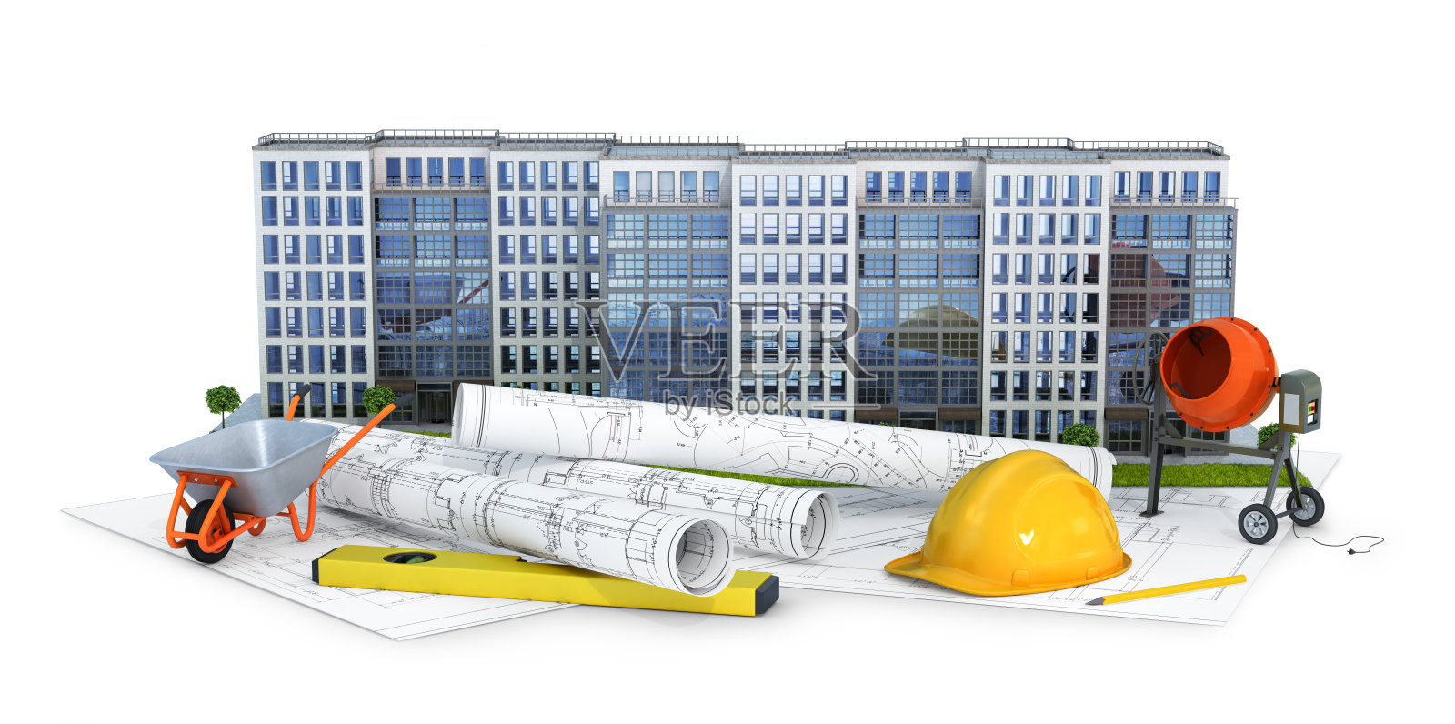 现代欧洲住宅综合体，白色背景，图纸和工具。三维演示照片摄影图片