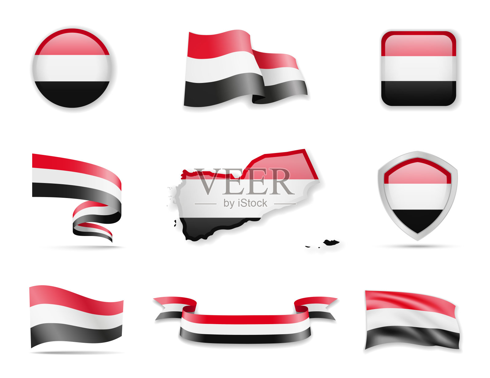 也门国旗的收藏。矢量插图设置旗帜和大纲的国家。插画图片素材