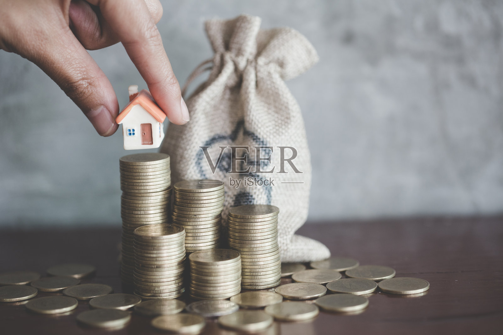 投资者手拿模型房和硬币，为购买新房攒钱和贷款，为计划企业未来投资房地产的概念。照片摄影图片