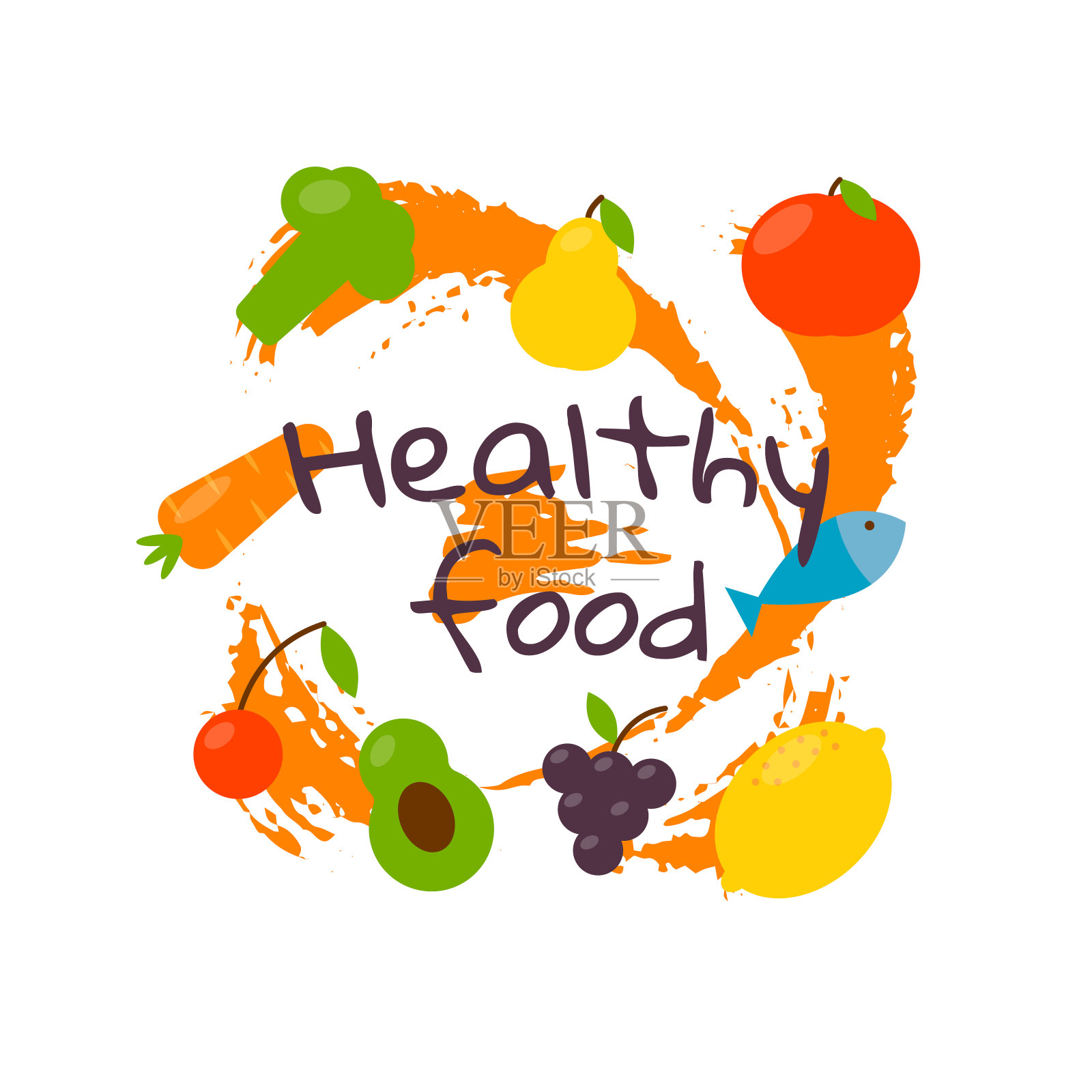 以健康食品为主题的现代彩色模板。矢量设计的横幅，卡片，健康杂志，烹饪网站和餐厅菜单。矢量插图在平面风格。插画图片素材