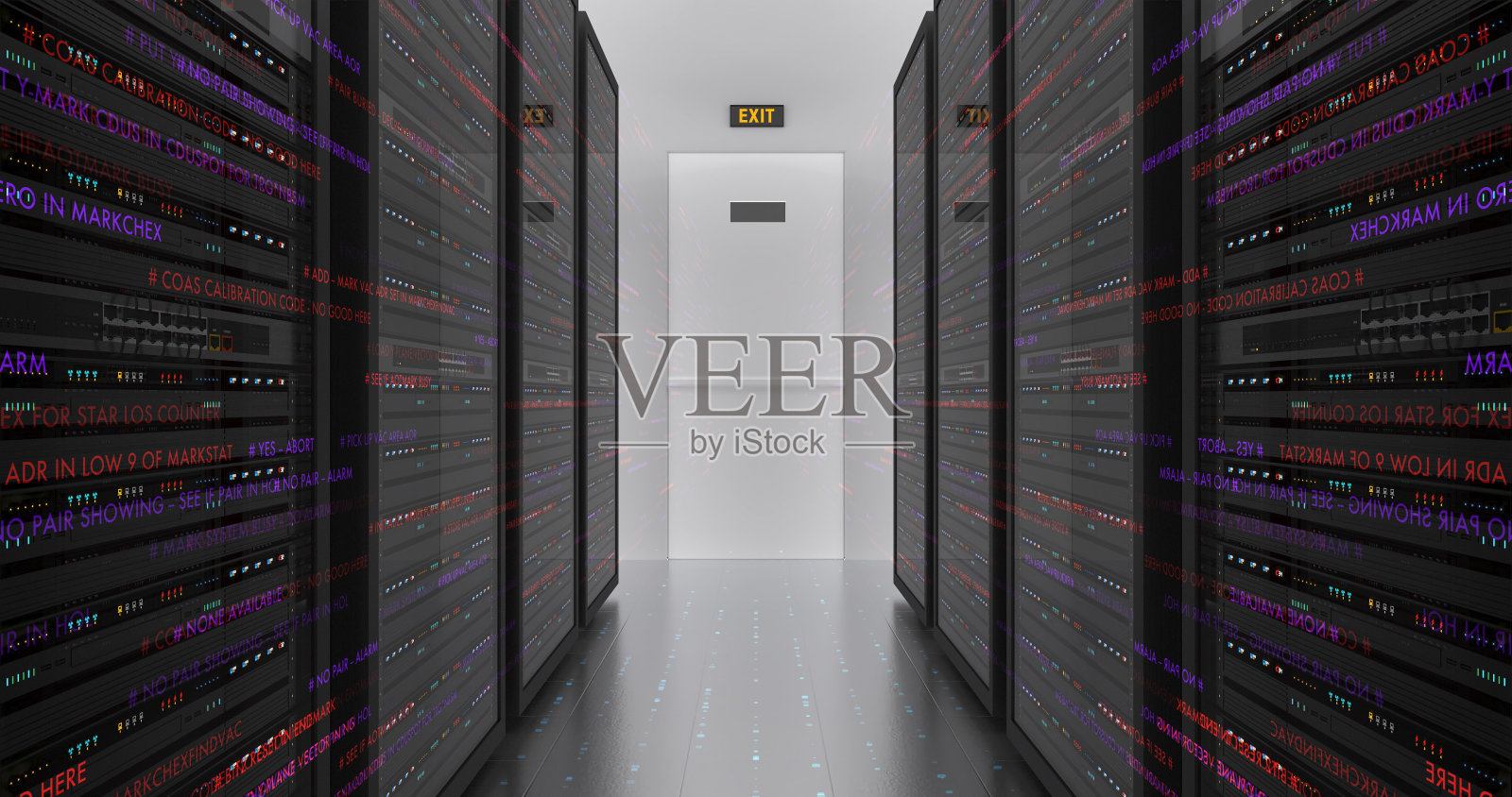 现代服务器机房环境。到处都是计算机机架。未来的数据中心。照片摄影图片