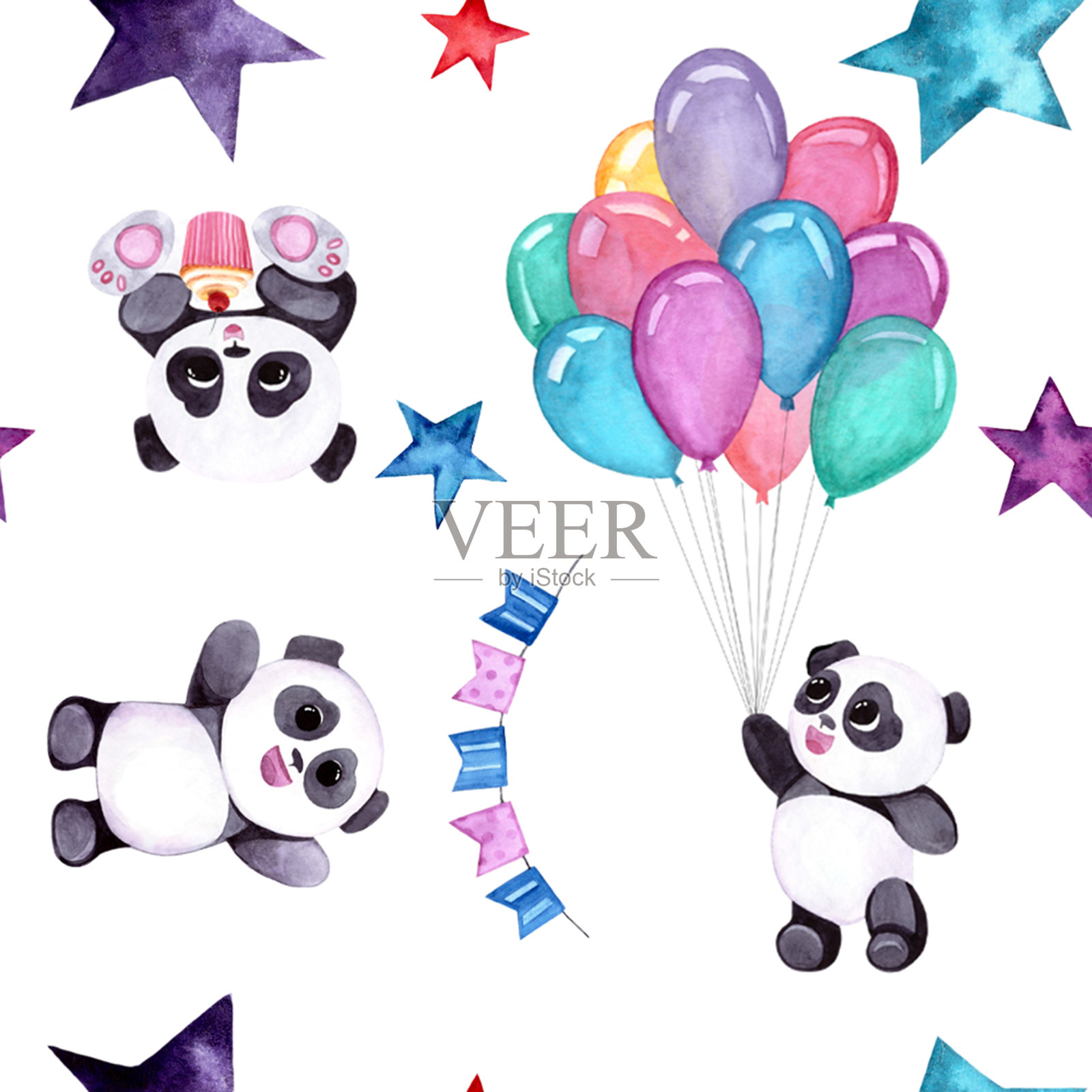无缝图案与水彩快乐的熊猫和气球，理想的儿童纺织品插画图片素材