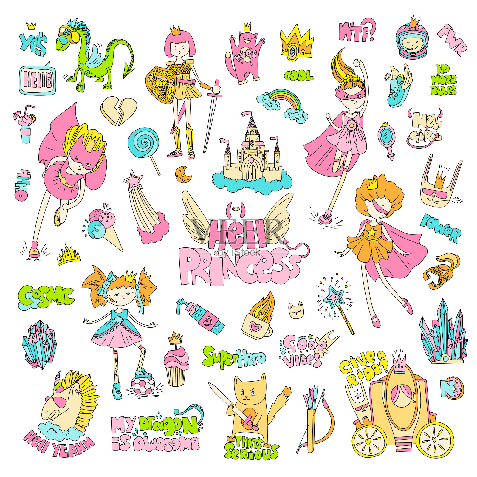 勇敢的假小子地狱公主矢量卡通集。公主魔法和女权主义插图，小女孩，公主超级英雄和战士，勇敢的女孩插图。女权主义公主的收藏-城堡，皇冠，猫，鸡尾酒插画图片素材