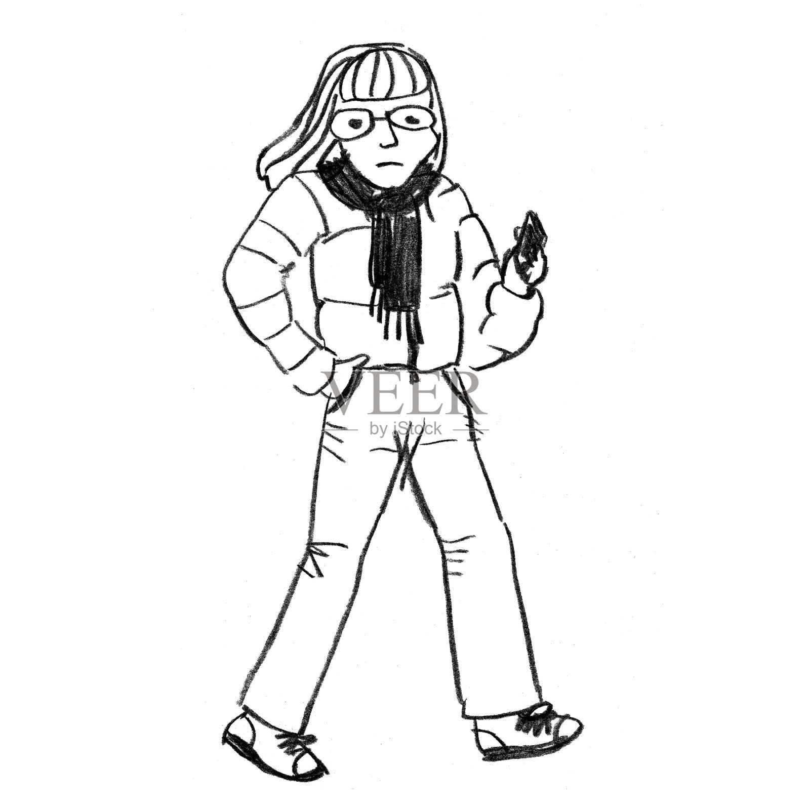 年轻的人长头发戴眼镜，羽绒服，走路，用智能手机发短信，黑白素描插画图片素材