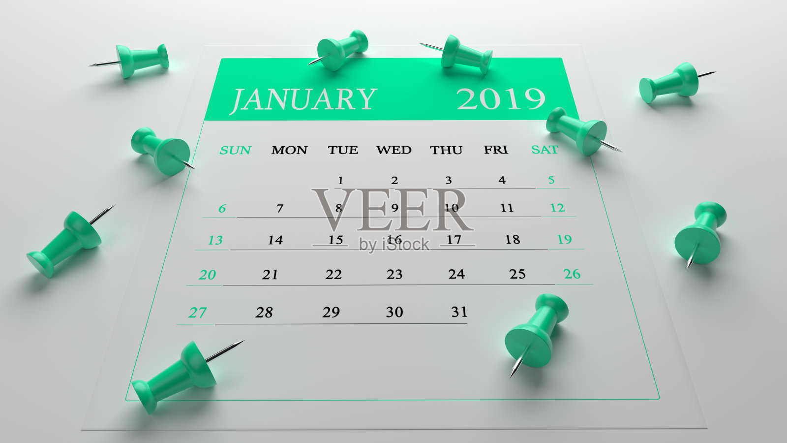 绿松石一月日历2019年白色背景与绿松石别针照片摄影图片