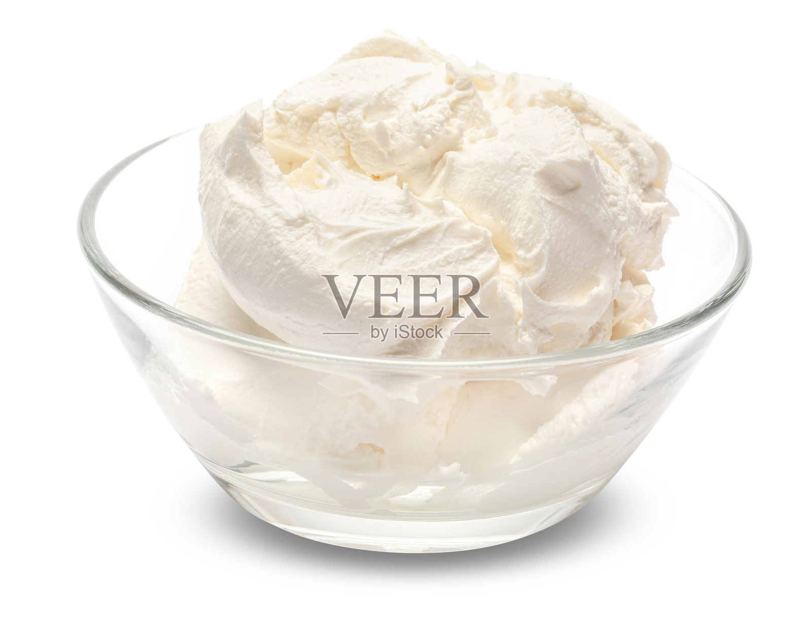 传统马斯卡彭奶酪在玻璃碗孤立在白色的剪切路径照片摄影图片