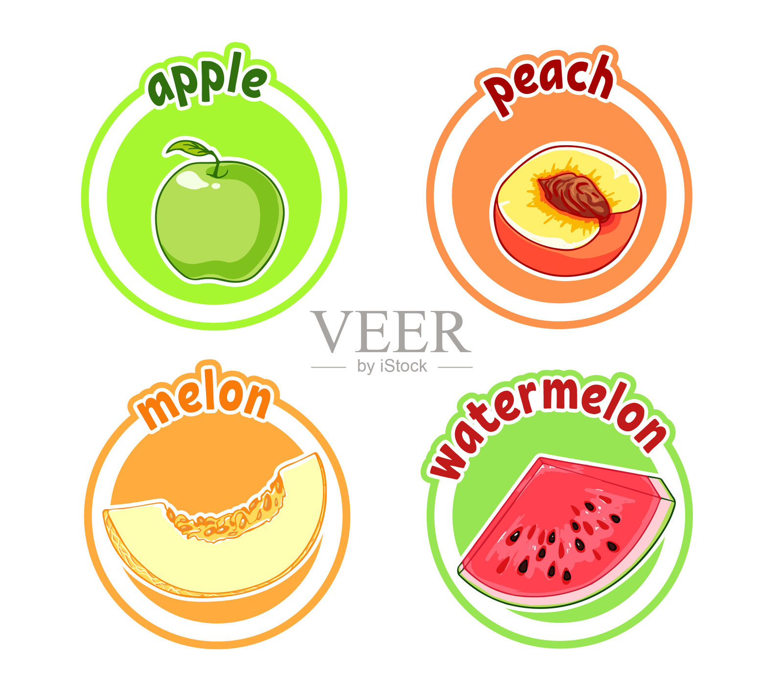 四种不同水果的贴纸。苹果，桃子，甜瓜和西瓜。设计元素图片