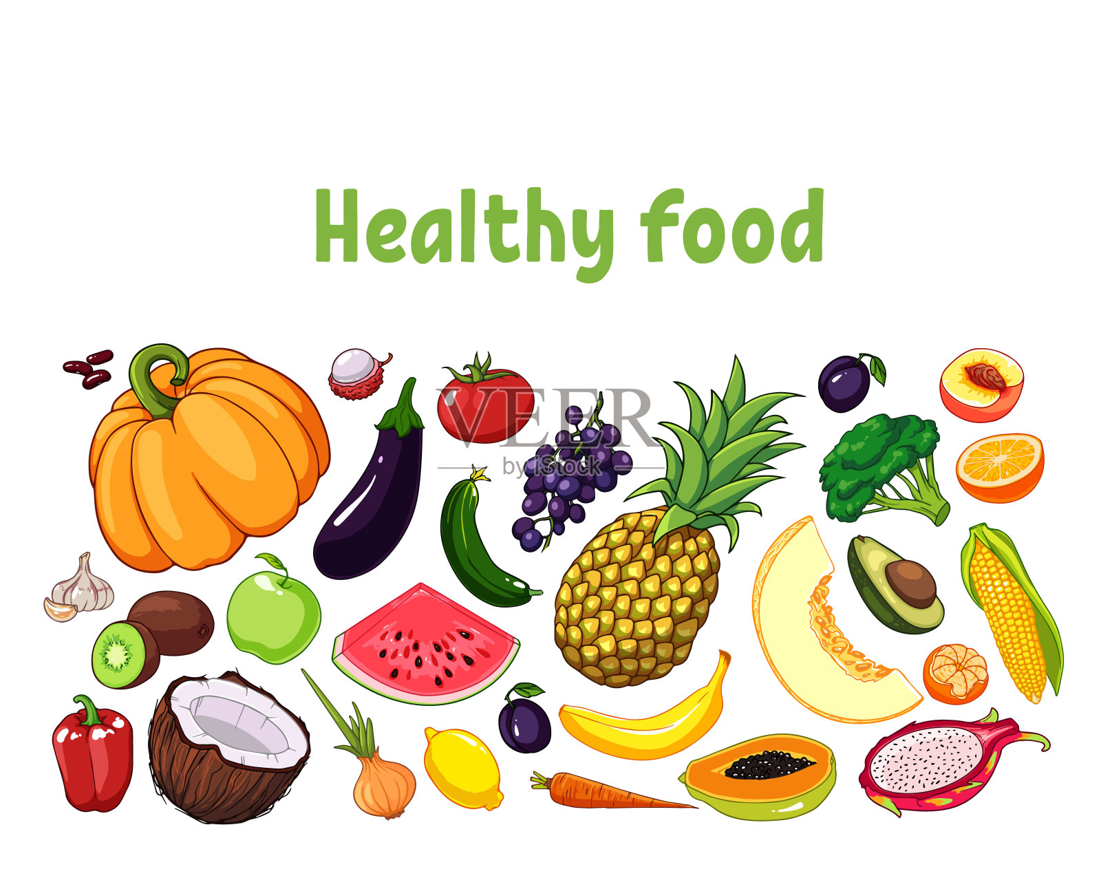 矢量插图的水果和蔬菜与各种可食用的物体。插画图片素材