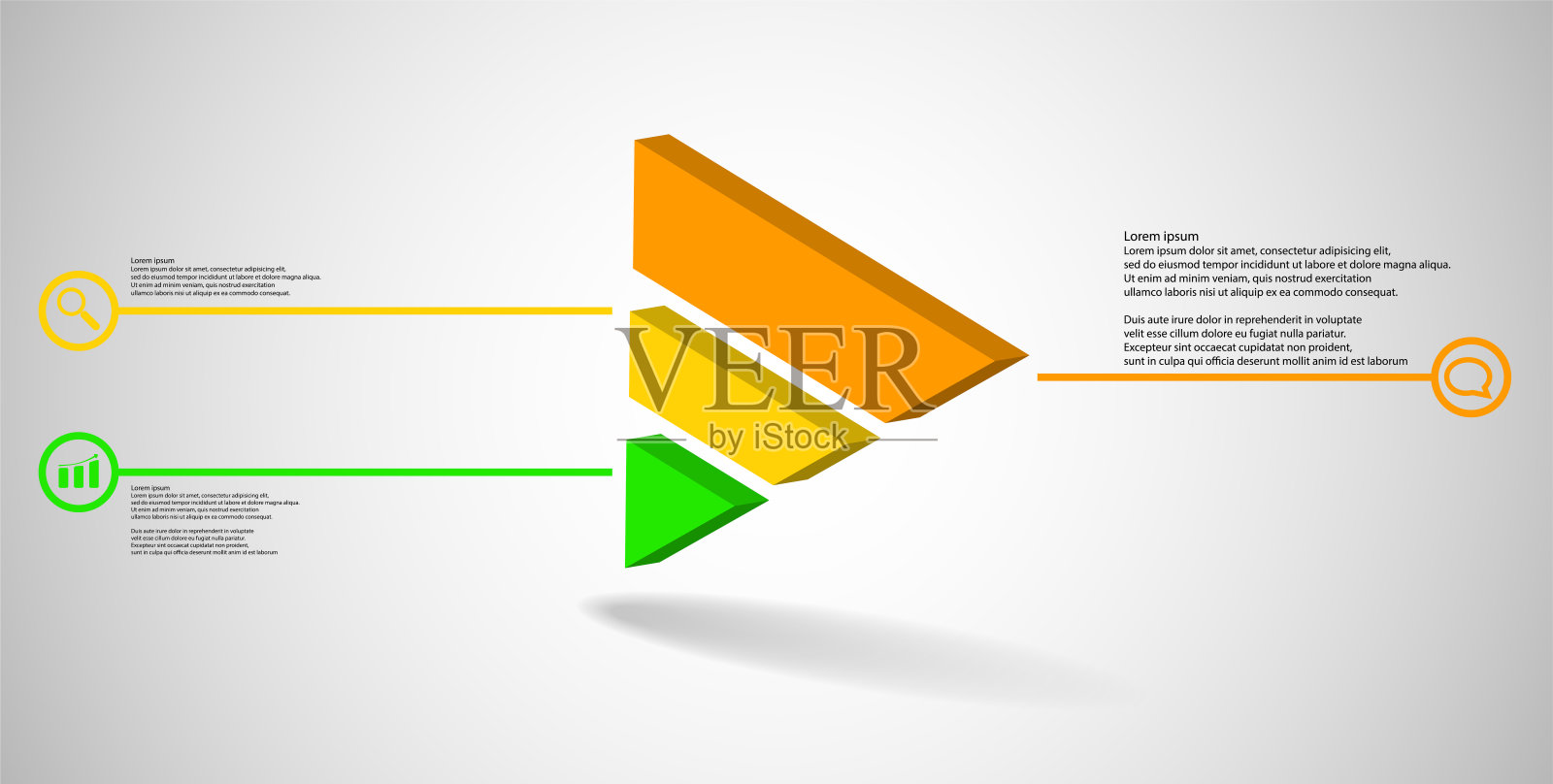 3D插图信息图模板。浮雕三角形分为三个颜色部分。物体在灰白色背景上被倾斜排列。颜色线和简单的符号圈在两侧。插画图片素材
