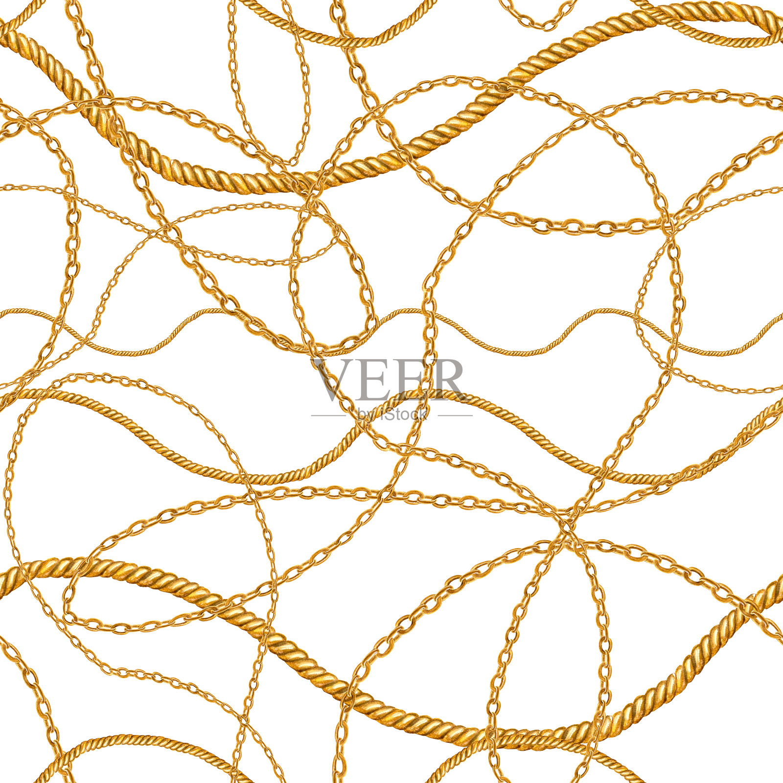 金色链条魅力无缝图案插画。水彩纹理与金色链。插画图片素材