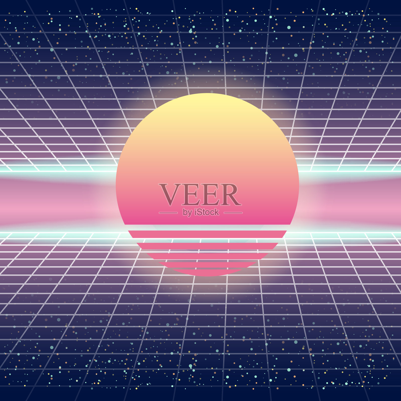 合成波复古未来主义景观与太阳和风格的激光网格。霓虹复古设计和元素80年代90年代的科幻空间。矢量插图模板孤立的背景插画图片素材