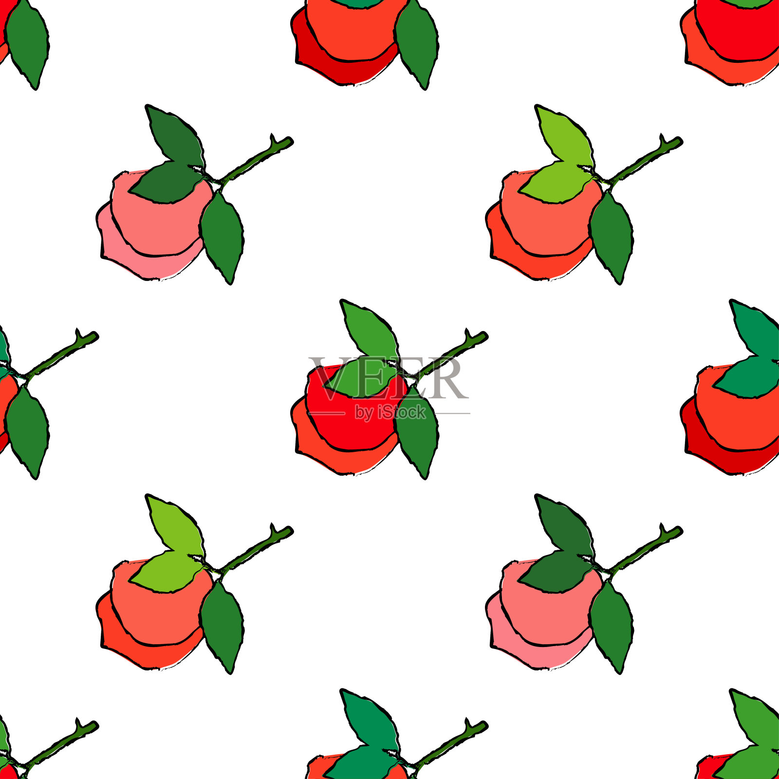 无缝模式与粉红色装饰玫瑰与黑色笔画在白色背景。夏天的花园。可用于墙纸、纺织品、请柬、包装、网页背景。插画图片素材