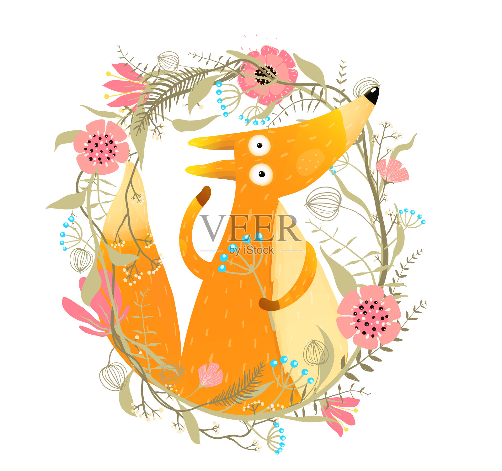 可爱的狐狸与花花环插画图片素材
