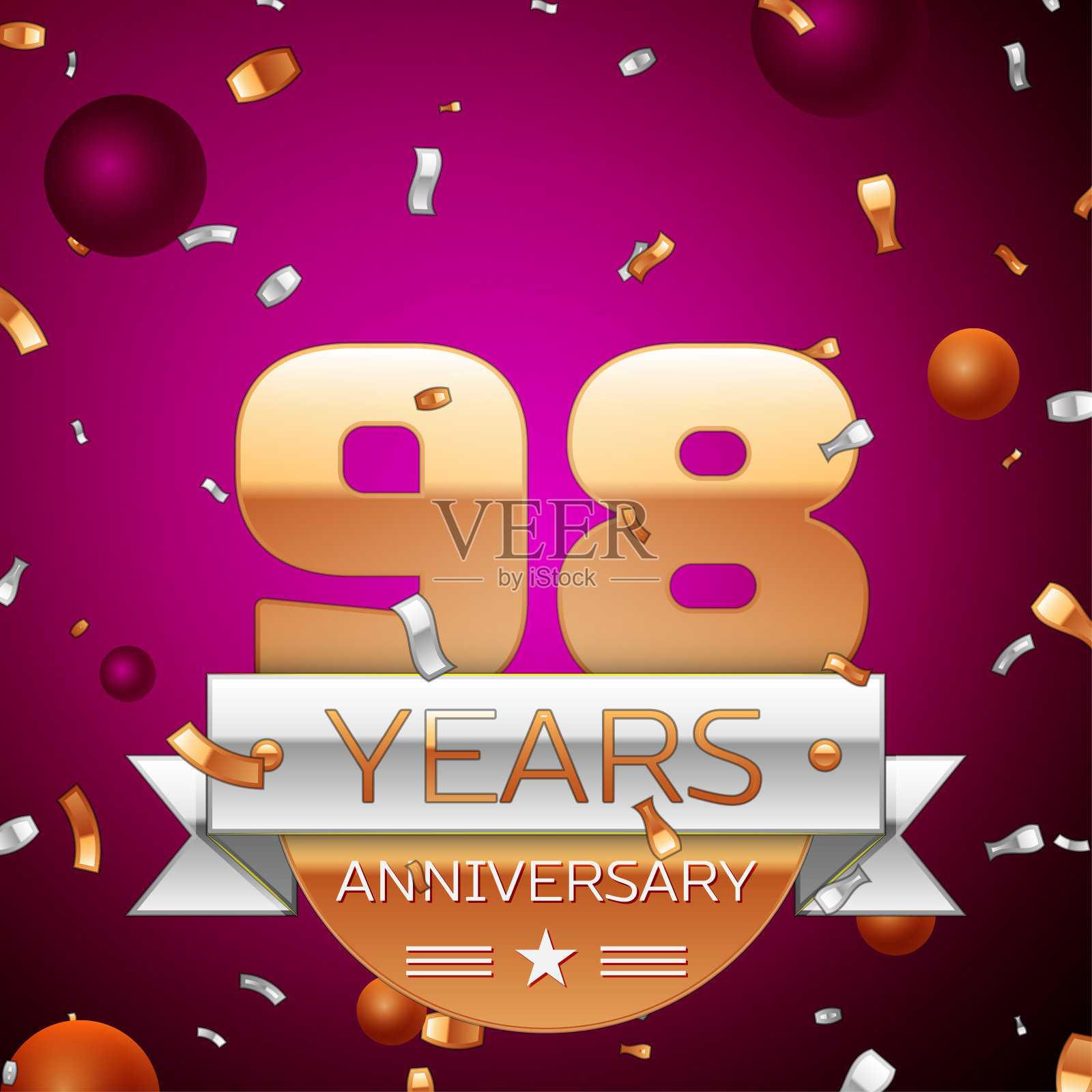 现实71周年庆典设计。金色数字和银色丝带，紫色背景上的五彩纸屑。多彩的矢量模板元素为您的生日聚会插画图片素材