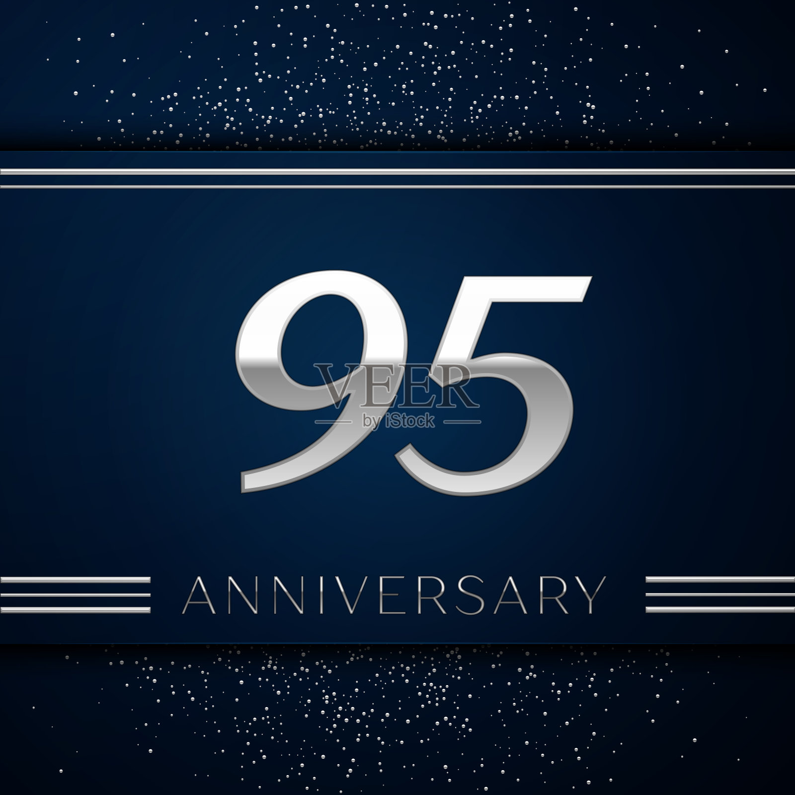 现实95周年庆典。蓝色背景上的银色数字和银色纸屑。彩色矢量模板元素为您的生日派对插画图片素材