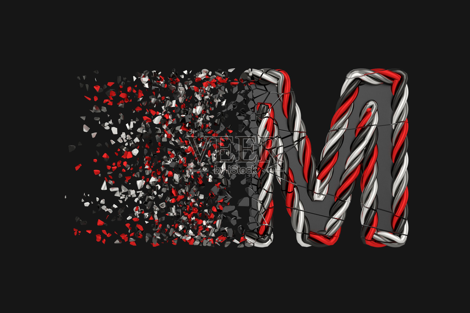 粉碎的字母M 3D光栅插图。扭曲的字母与爆炸效果在黑暗的背景。孤立的设计元素。照片摄影图片