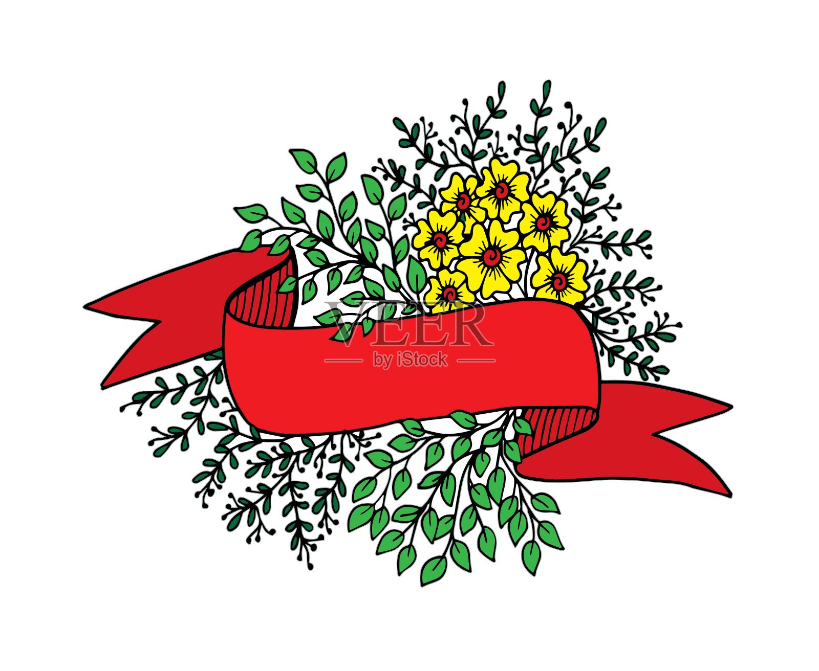 抽象空白丝带横幅与花卉背景插画图片素材