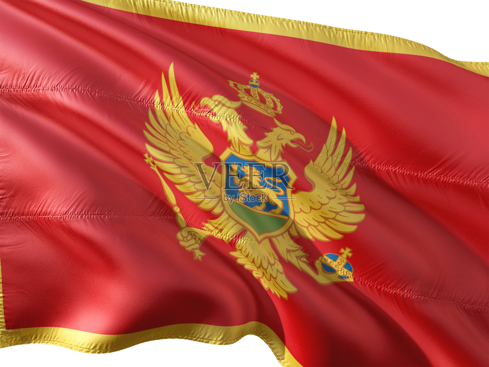 黑山国旗在风中飘扬，孤立的白色背景。照片摄影图片