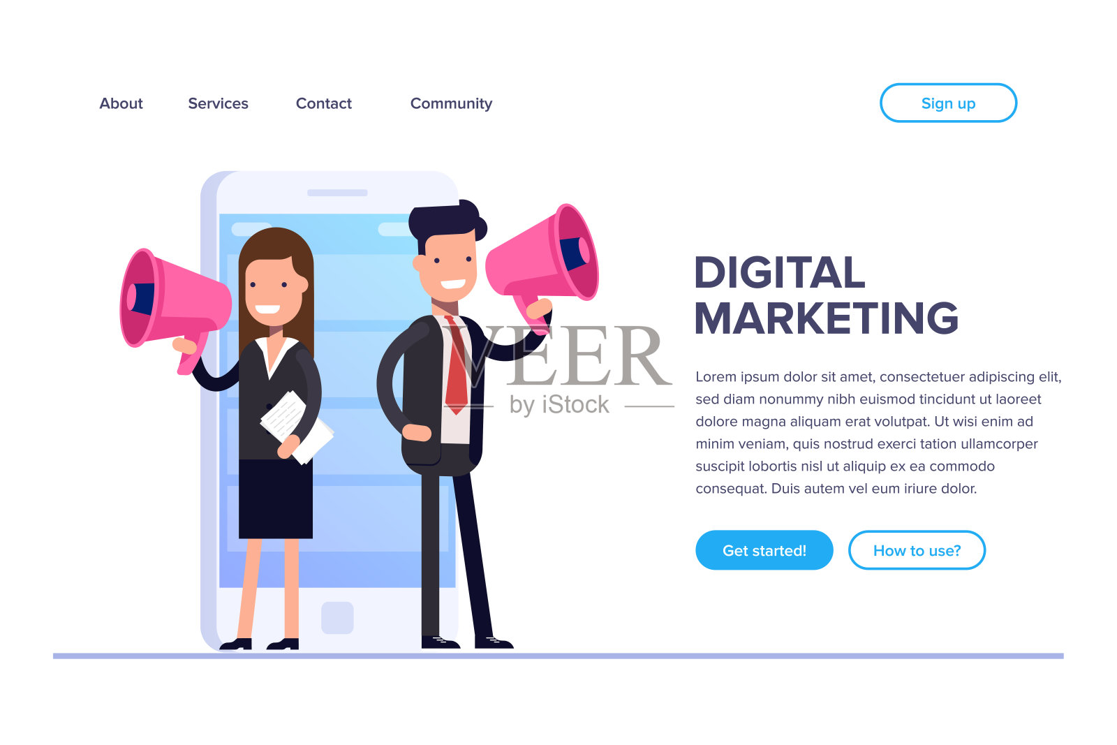 平面数字营销理念。商人和女商人在手机的背景下通过扩音器说话。可以用于网页横幅，信息图表，英雄图像。插画图片素材