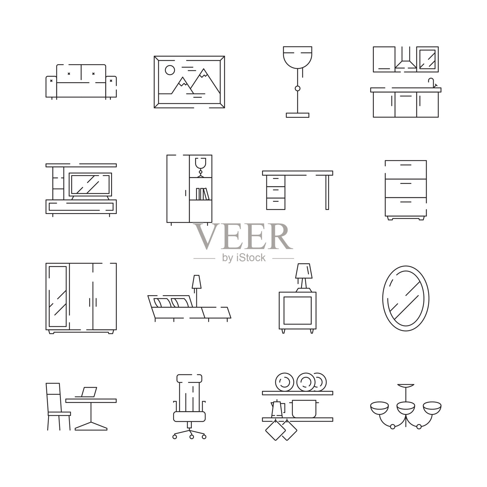 家具图标。办公桌、办公椅、桌子、床、工作间工具等矢量细线符号图标素材