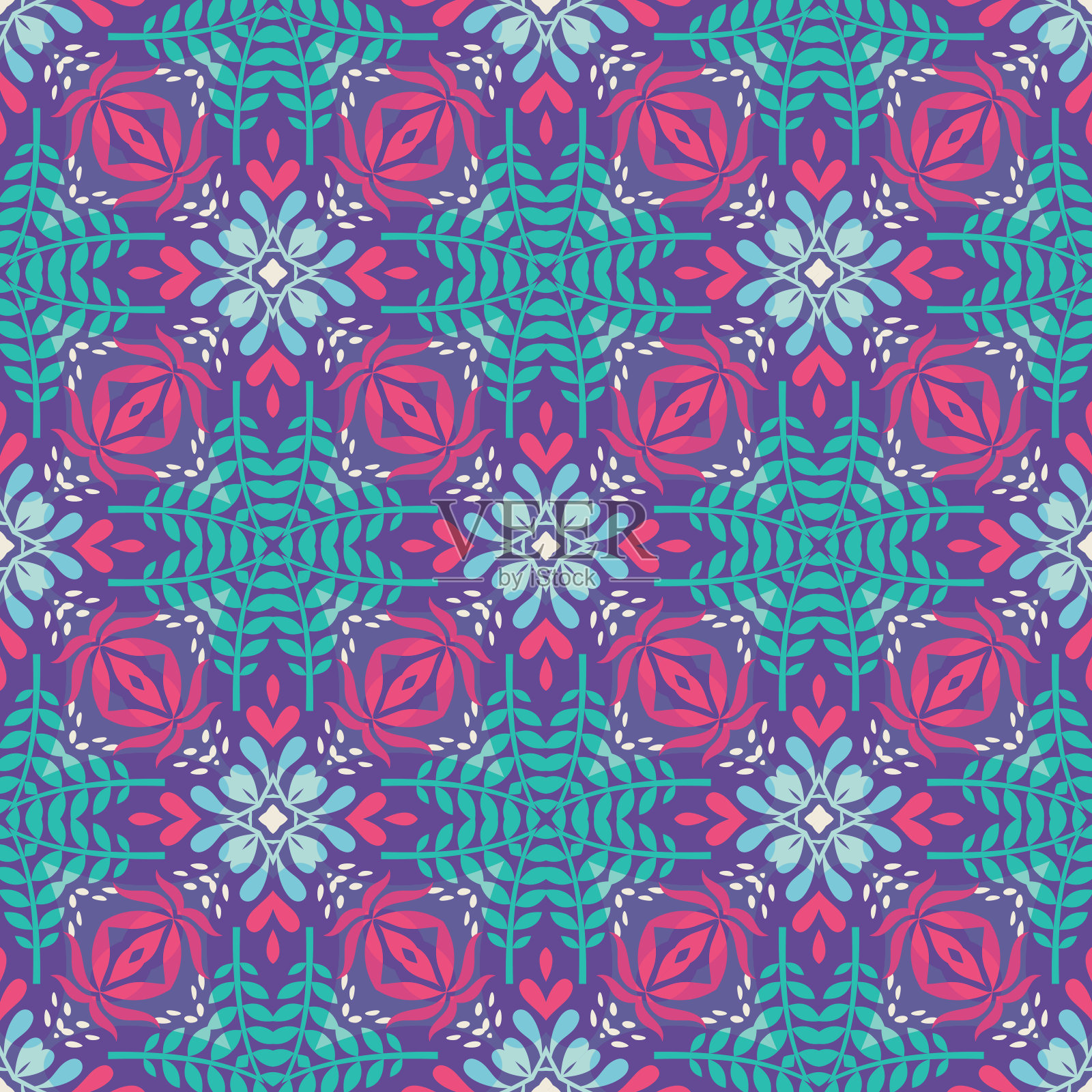 抽象几何背景-无缝矢量图案在紫色，紫丁香和蓝色的颜色。民族波西米亚风格。马赛克装饰结构。地毯片段。插画图片素材