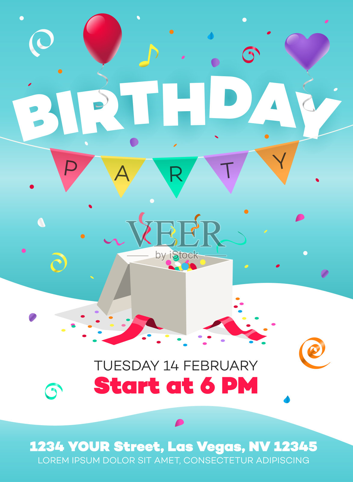生日派对海报邀请模板与礼物，彩色气球和彩带插画图片素材
