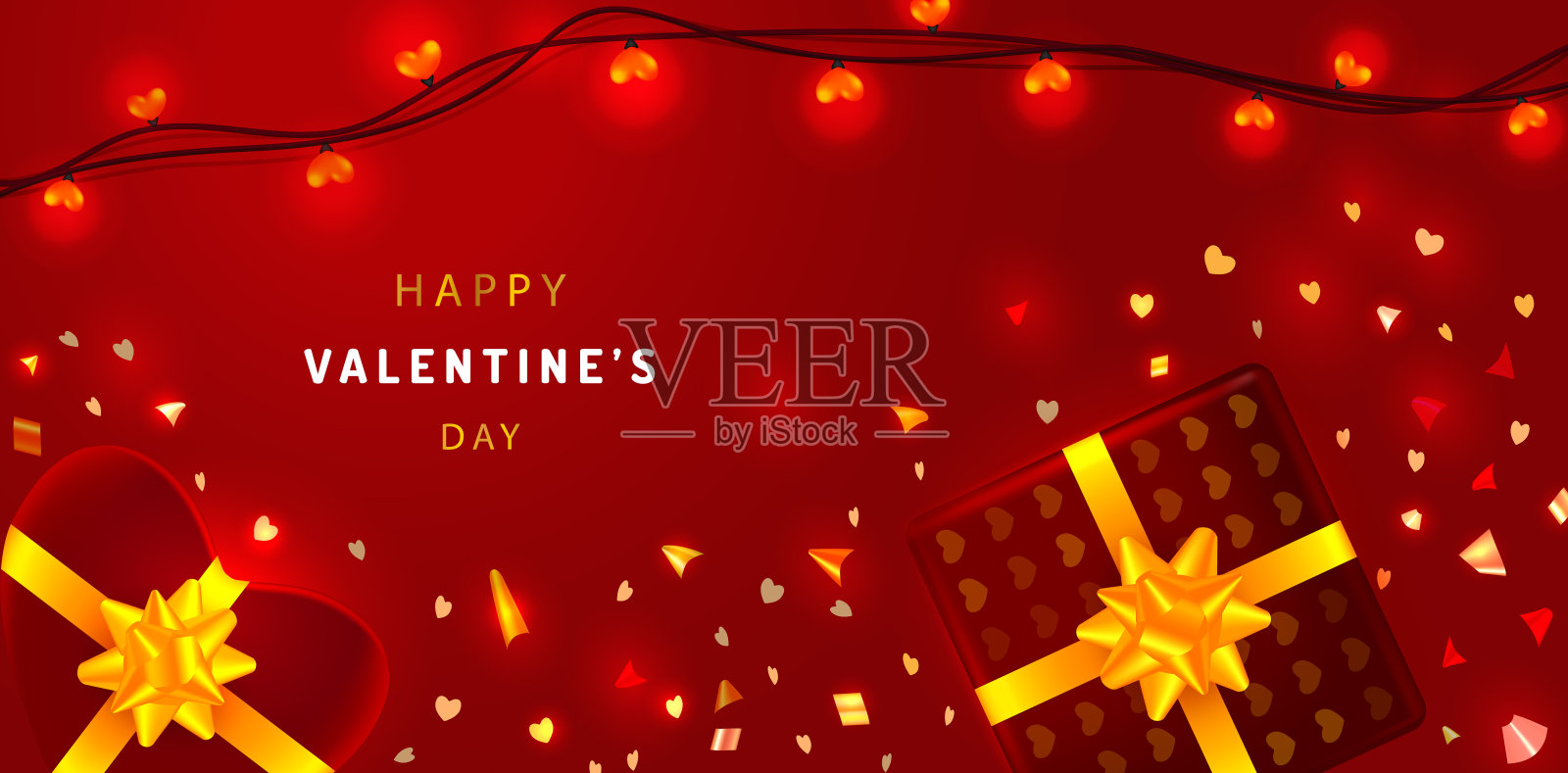 带着蝴蝶结和丝带的情人节横幅。红色浪漫的背景设计花环，心形礼盒和金色闪亮的五彩纸屑。矢量插图的头部，广告和网站插画图片素材