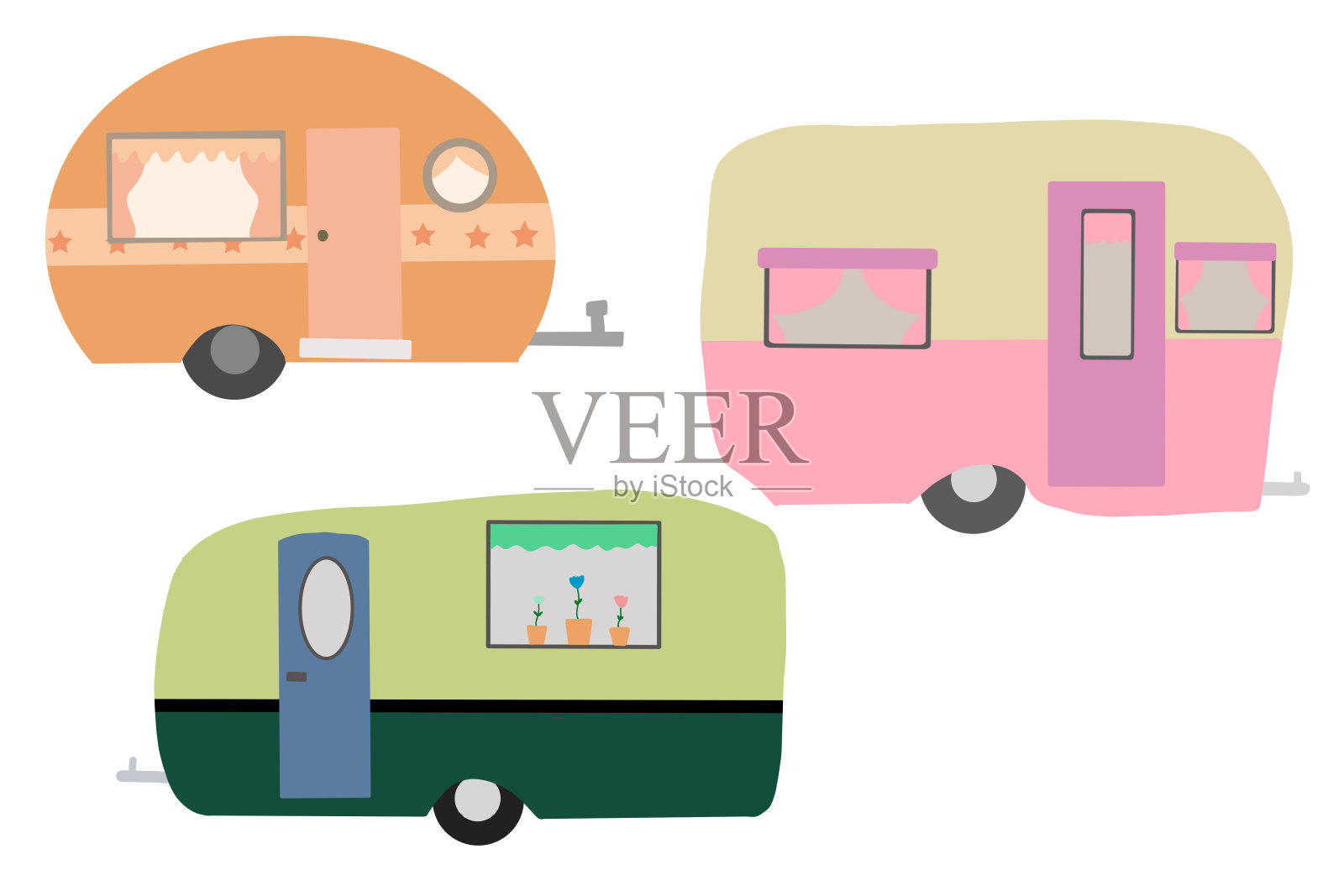 一套复古露营者/大篷车孤立在白色，手绘插图。插画图片素材