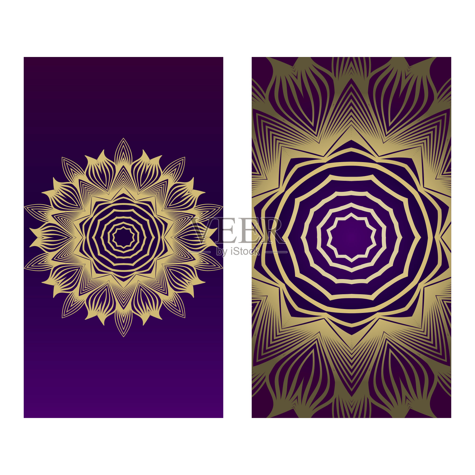 民族曼荼罗饰品。曼荼罗模板。矢量插图祝贺或邀请。正面和背面。浪漫紫金色插画图片素材