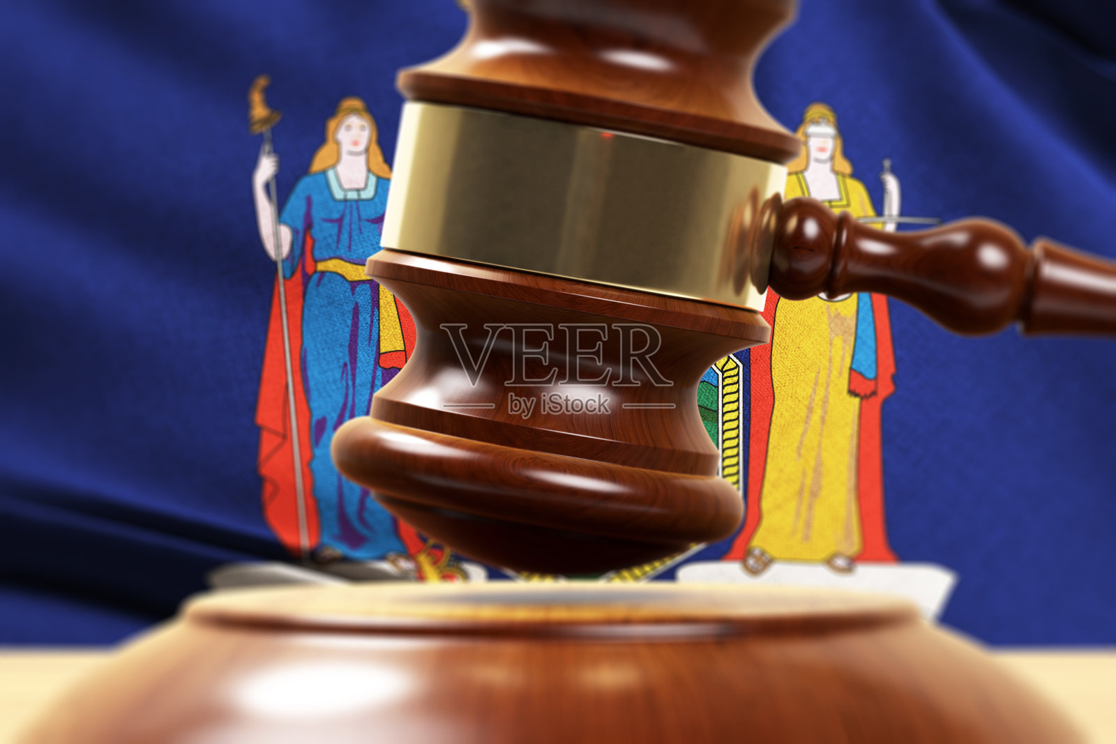 木槌站在纽约州旗前特写3d渲染照片摄影图片