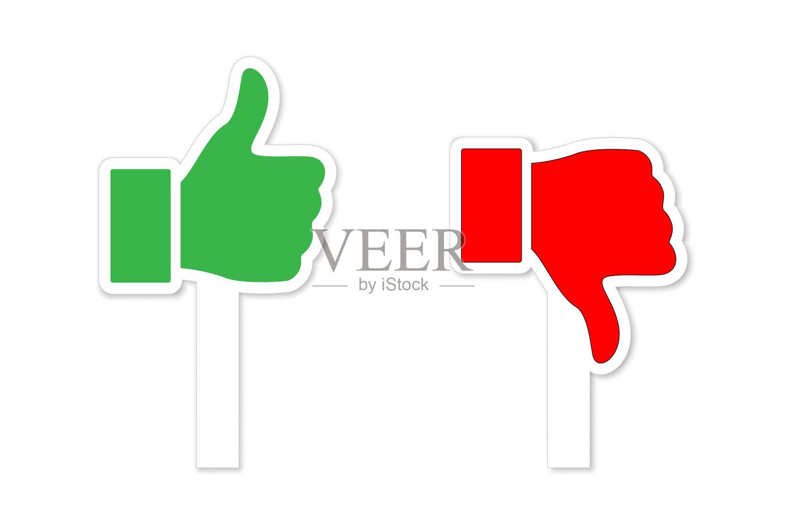 绿色拇指向上和红色拇指向下的符号在棍孤立的白色背景。向量的设计元素。插画图片素材