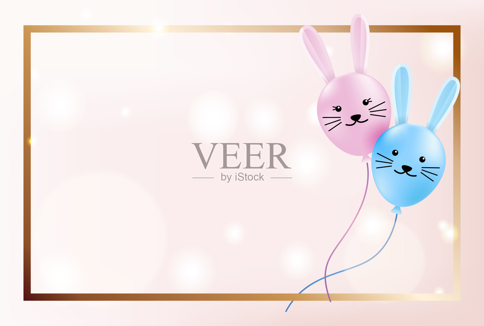 可爱的飞行兔子气球上的金色软散角灯，快乐的复活节横幅，矢量插图插画图片素材