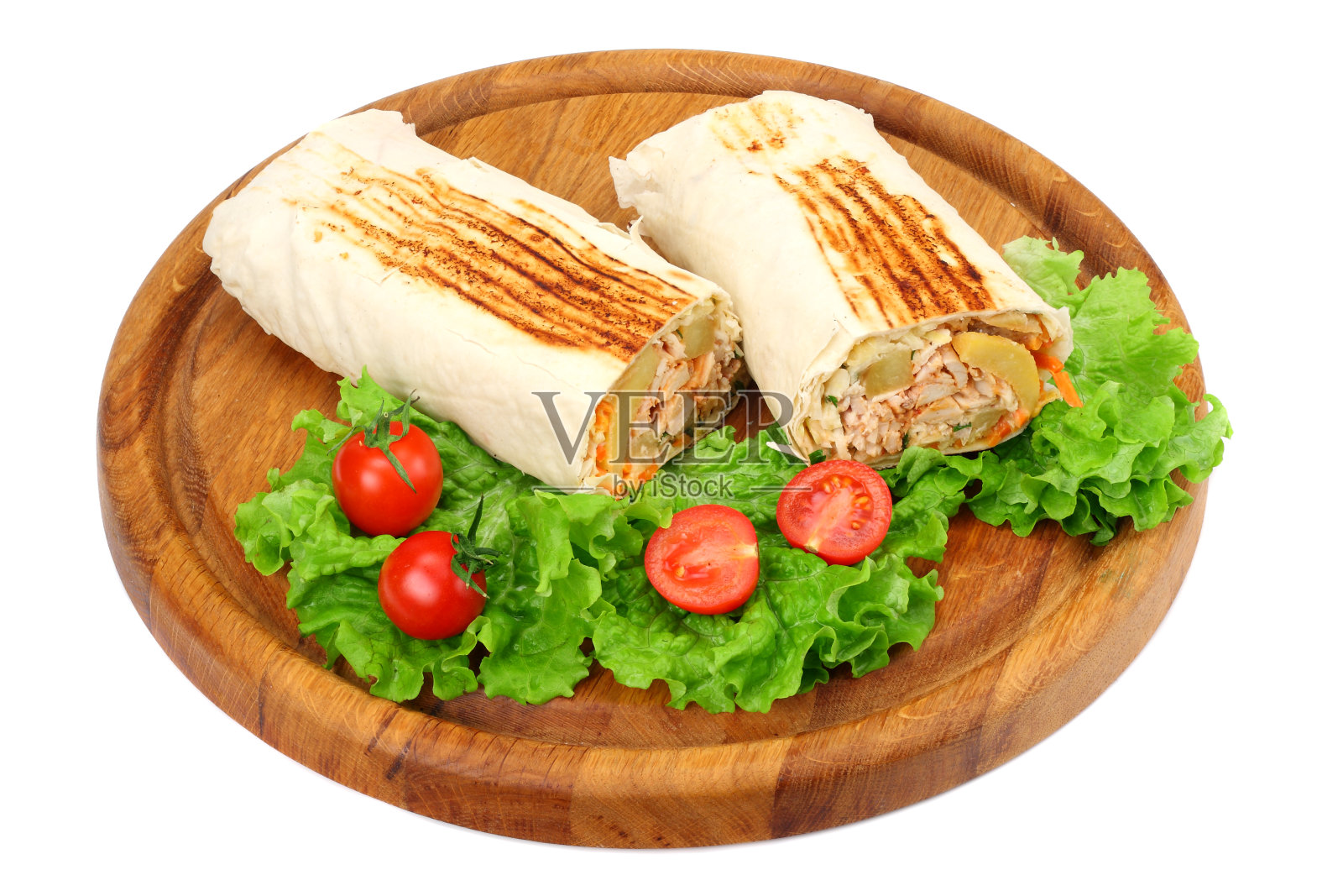 在白色背景上分离的莴苣沙瓦玛。快餐照片摄影图片