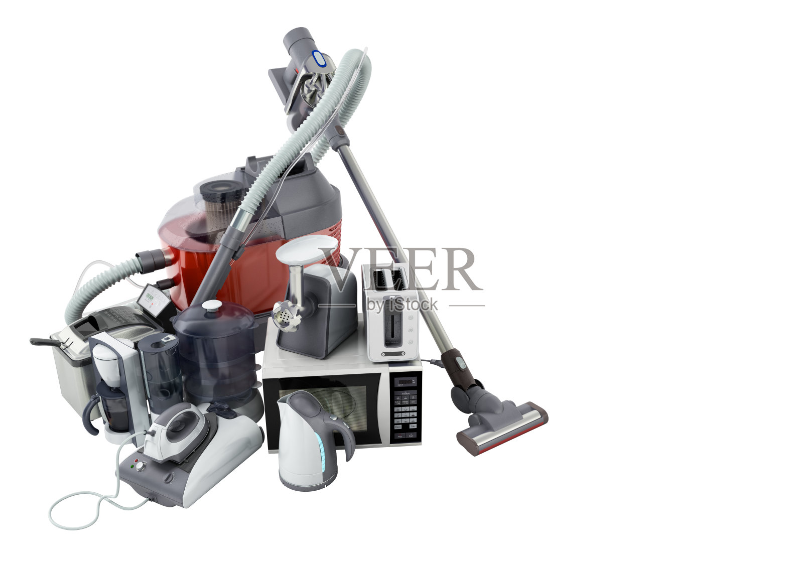 家用电器集团的吸尘器微波炉铁咖啡机蒸汽水壶烤面包机肉机在白色的背景没有阴影3d照片摄影图片