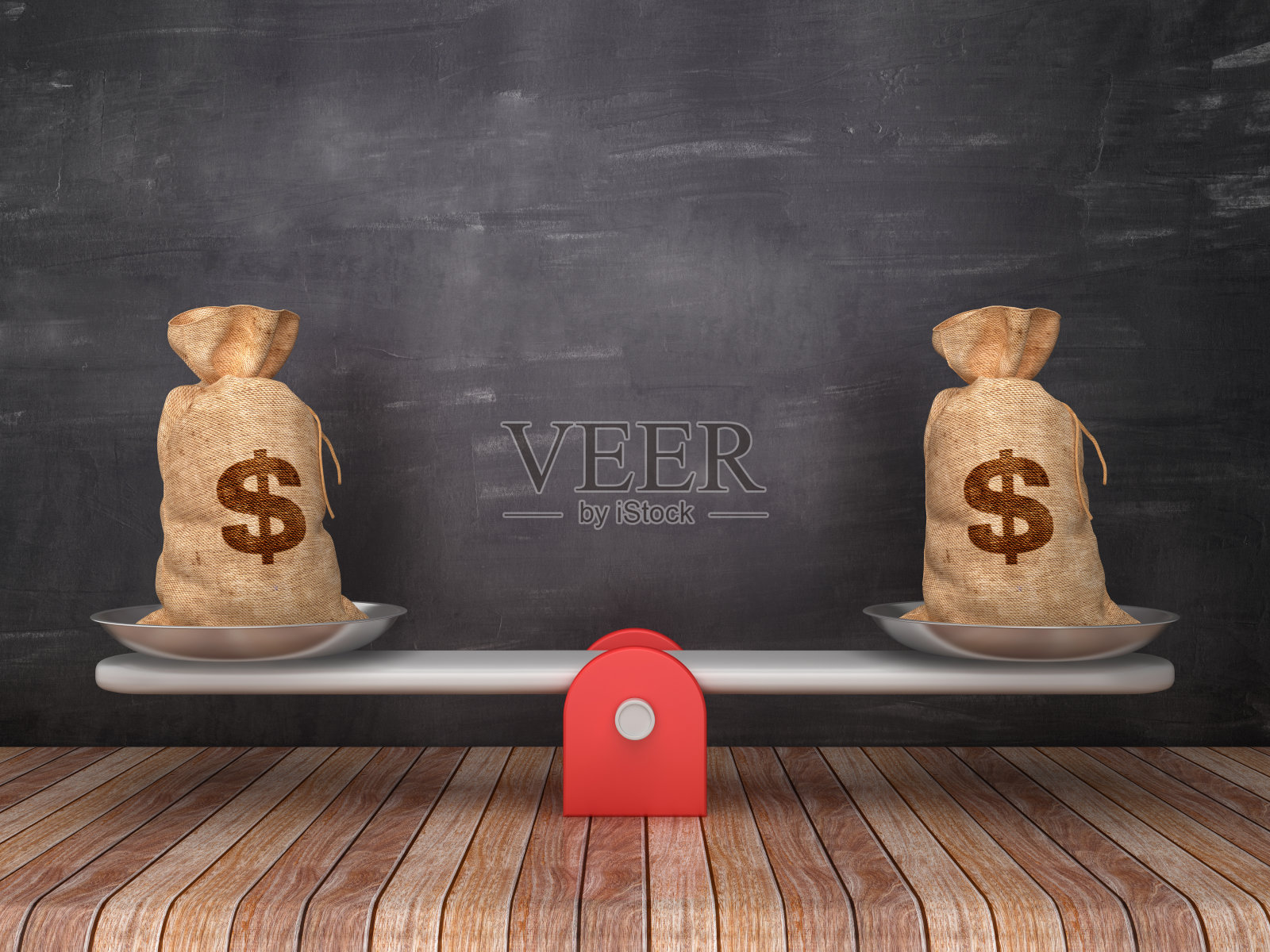 跷跷板规模与美元金钱袋在黑板背景- 3D渲染照片摄影图片