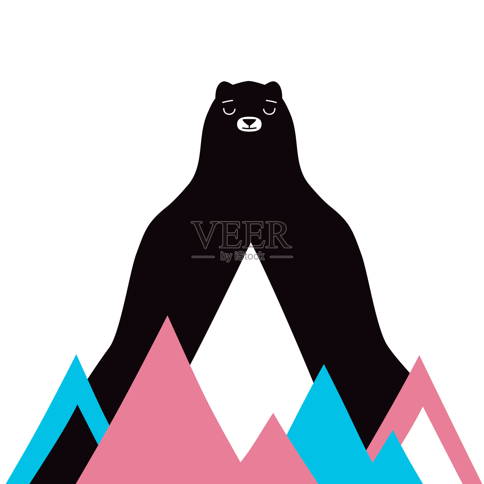 矢量投影与大黑沉思熊，谁看起来像一个山和抽象的蓝色，粉色和白色的山。插画图片素材