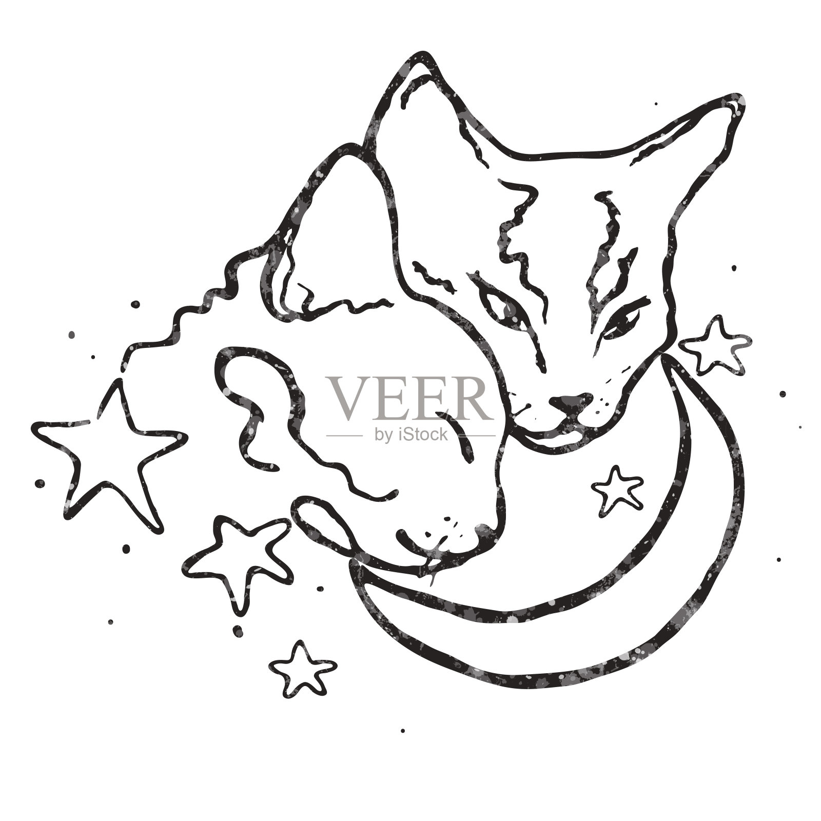 简单的线条设计/两只可爱的猫在一起/月亮和星星/爱插画图片素材