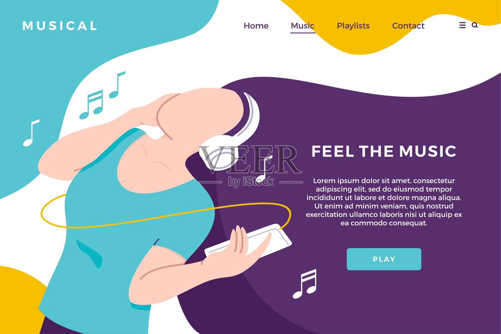 音乐流下载登陆页与女孩听力耳机插图平面矢量背景插画图片素材