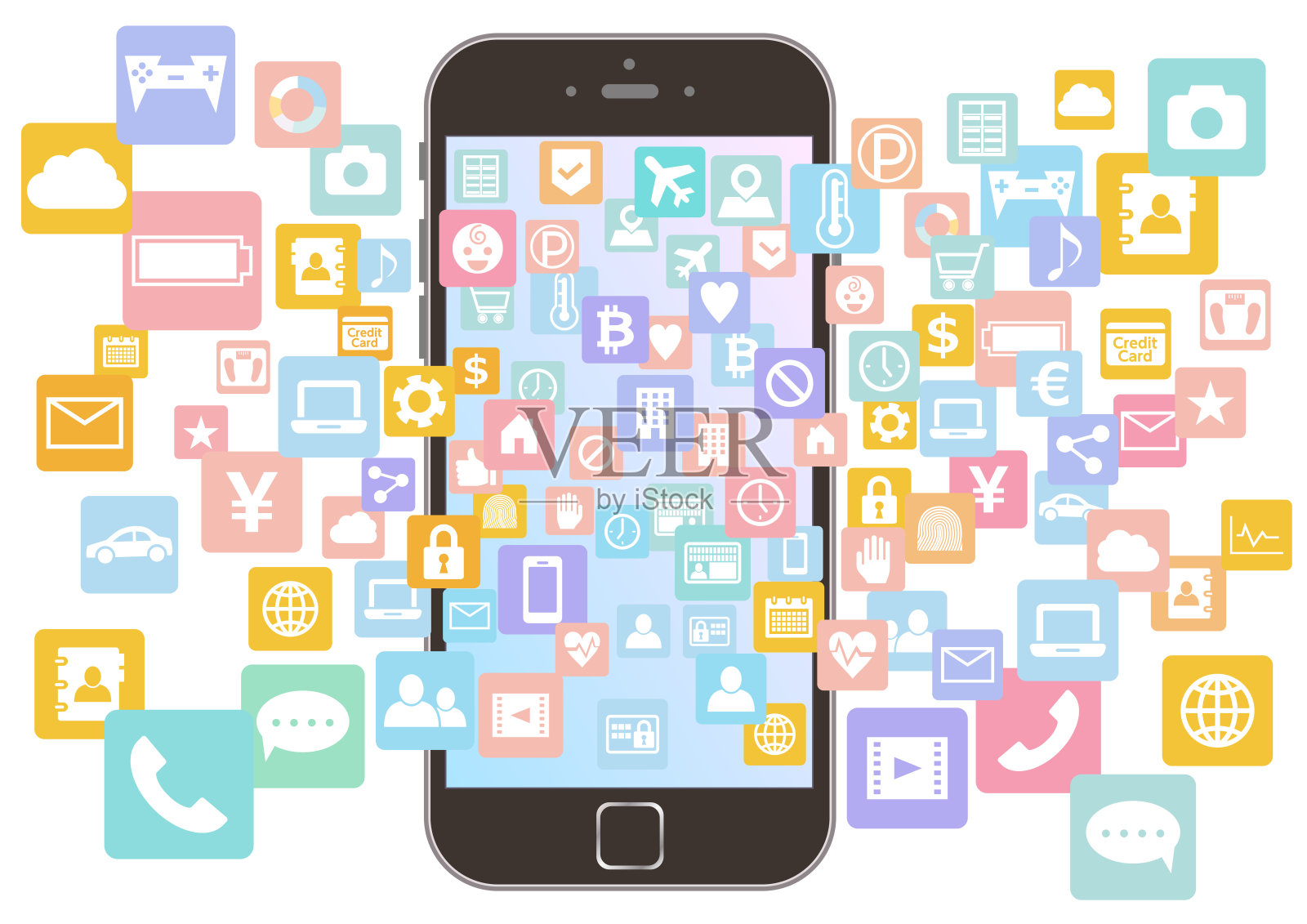 白色边框智能手机和各种应用程序图标矢量白色背景彩色渐变屏幕图标素材