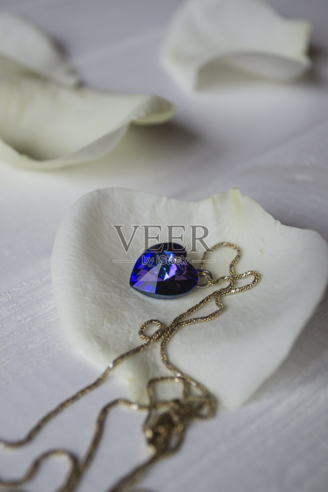 白色玫瑰花瓣上的项链。照片摄影图片