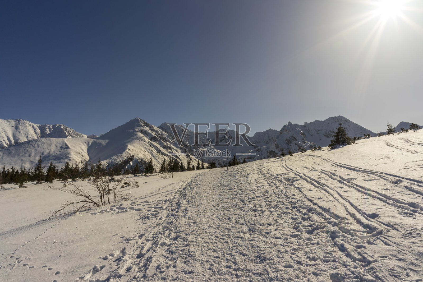 在一个阳光明媚的日子里，太特拉山脉的大雪覆盖的山峰。照片摄影图片