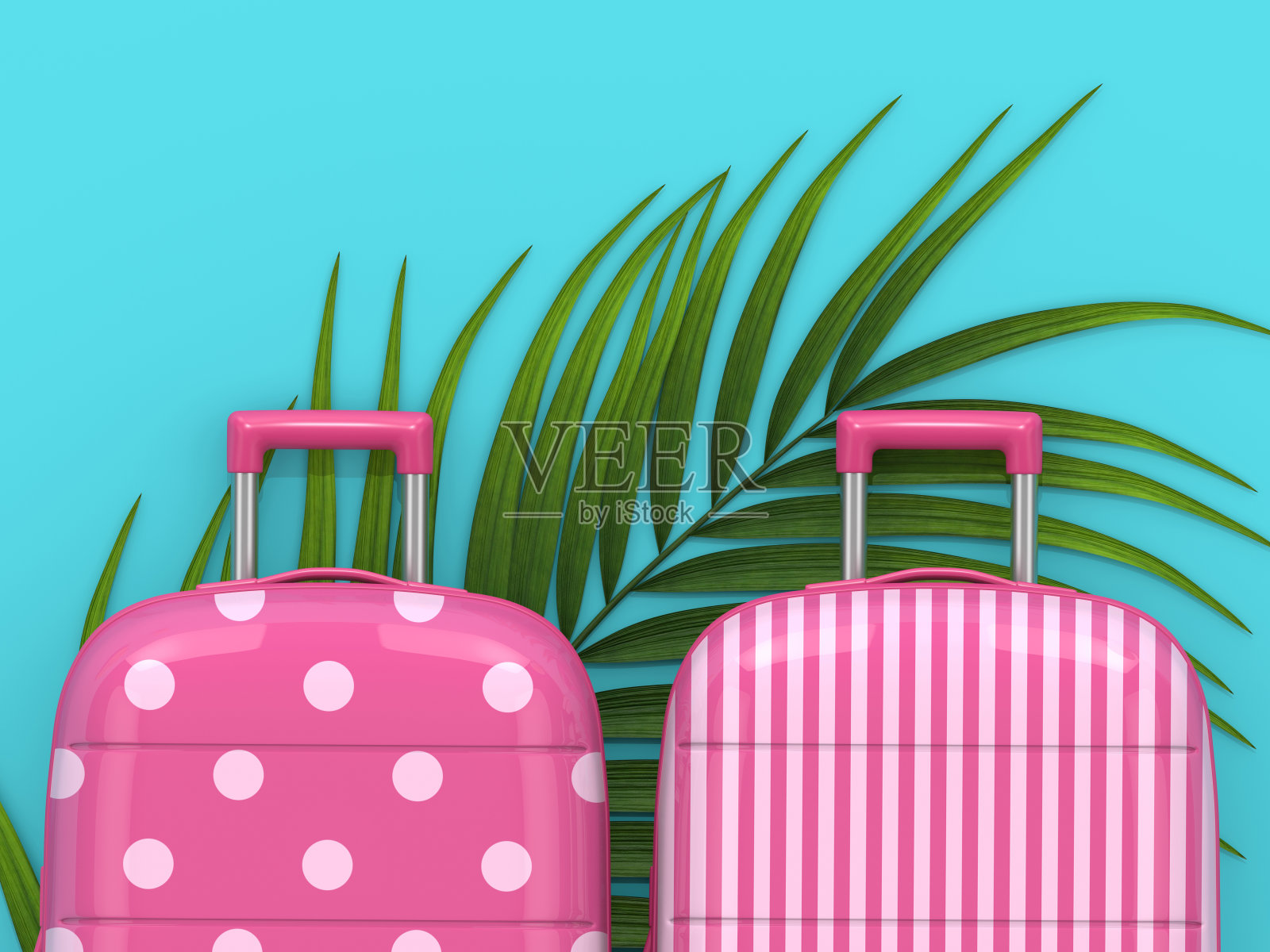 两个箱子躺在棕榈叶上的3d渲染照片摄影图片