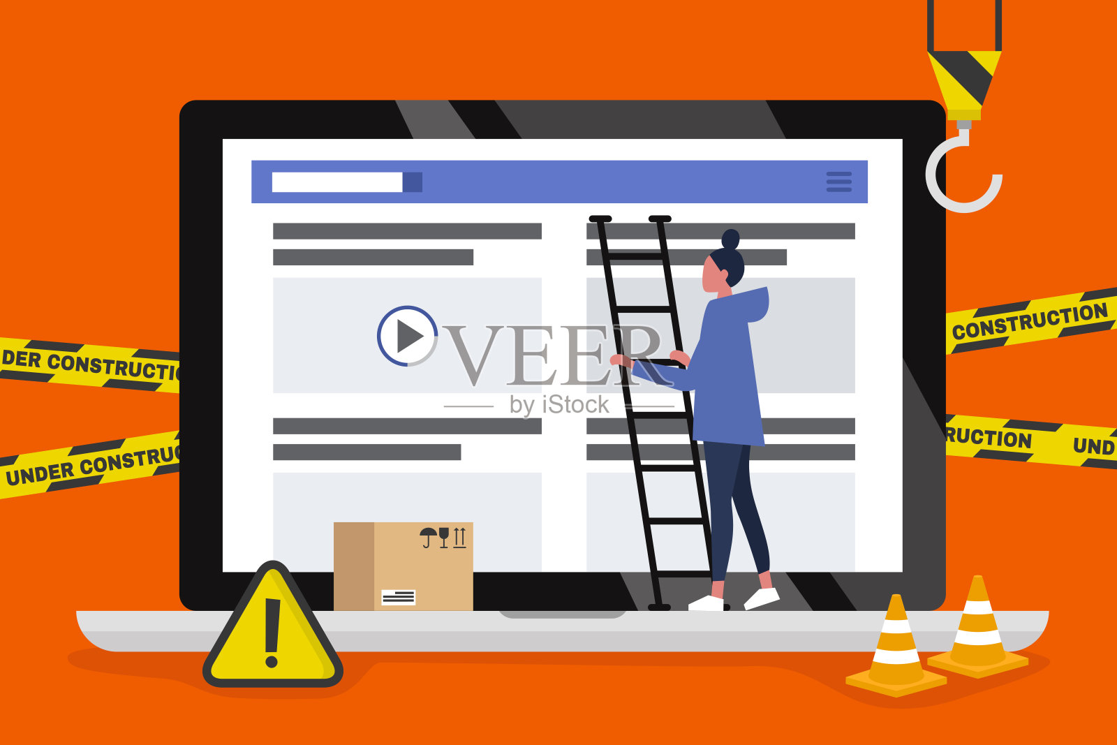 网页设计与开发。工地正在施工中。年轻的女性专业人员在登陆页面工作。平面矢量插图，剪贴艺术。千禧一代在工作。数字创意产业。插画图片素材