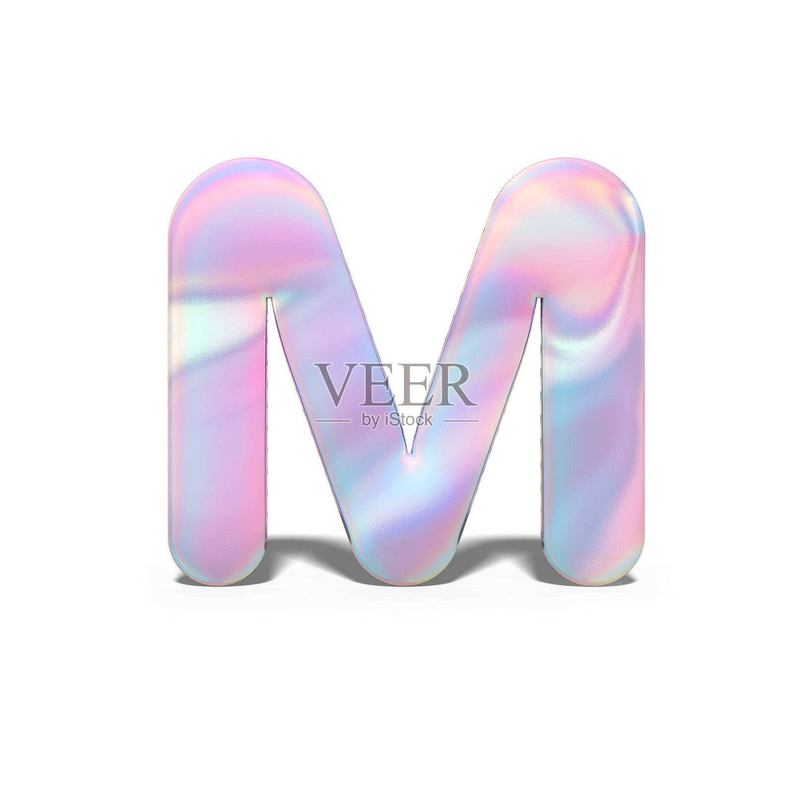 摘要三维大写字母M在亮全息设计中的应用。现实的发光字母霓虹蓝粉色字体，孤立的白色背景。3 d渲染。照片摄影图片
