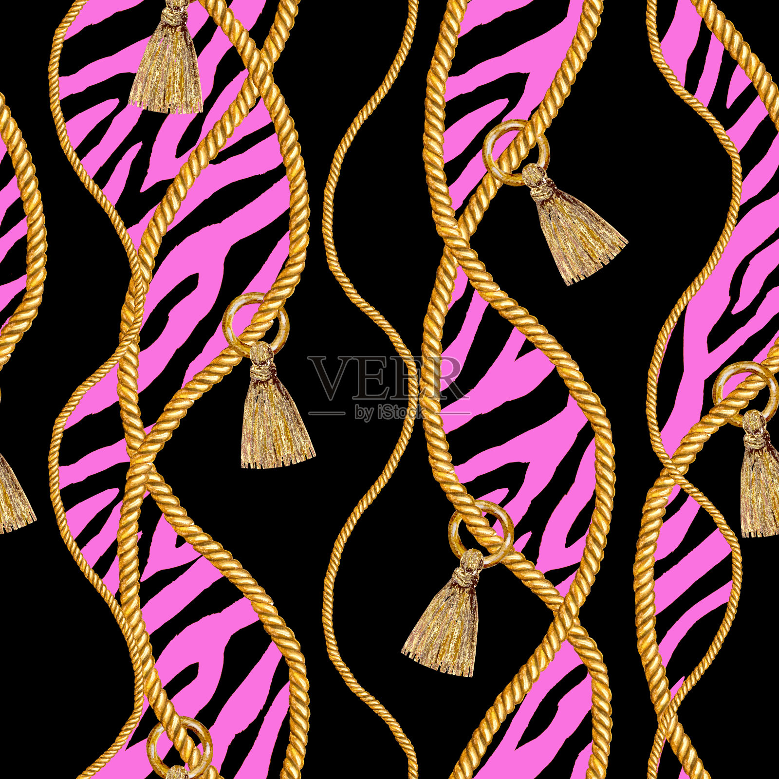 金色链条魅力斑马无缝图案插图。水彩纹理与金色链。插画图片素材