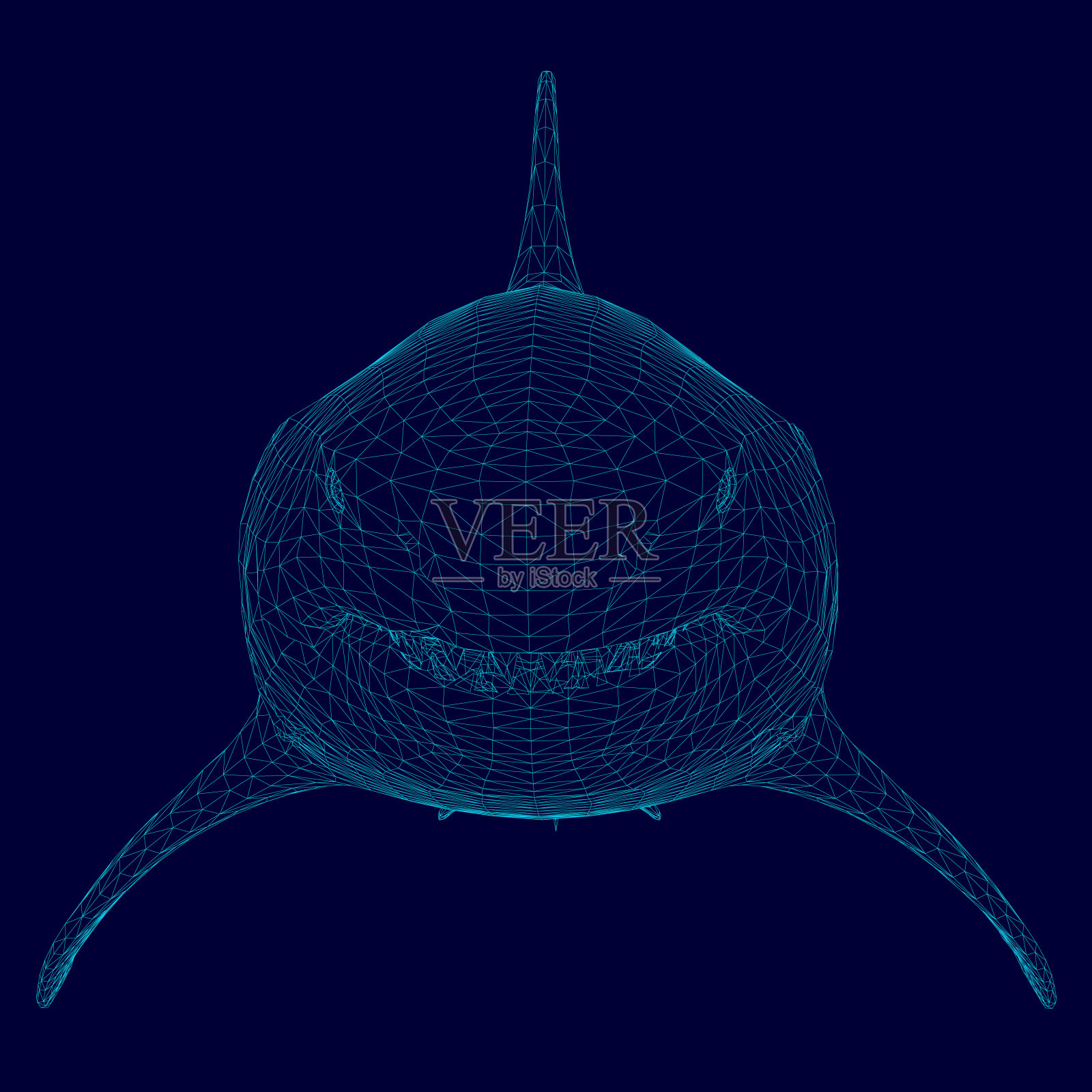 多边形鲨鱼线框架的蓝色线在一个黑暗的背景。前视图。3 d设计元素图片