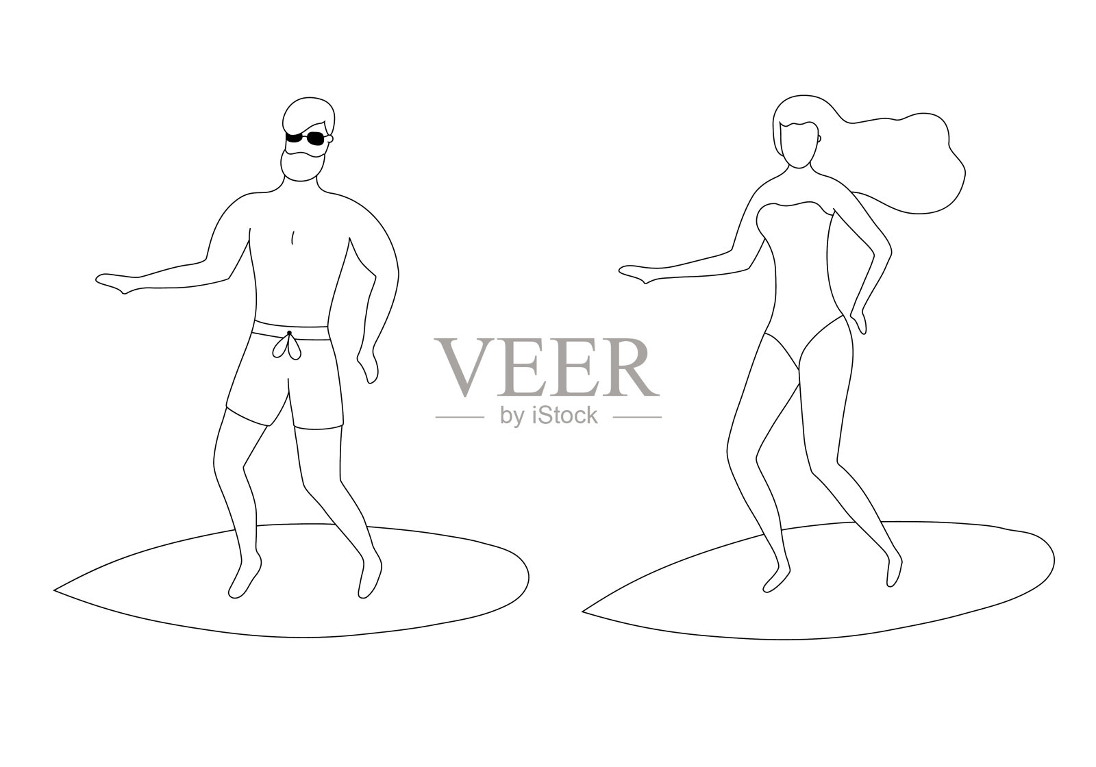 大纲冲浪人矢量插图。男人和女人在海边冲浪。插画图片素材