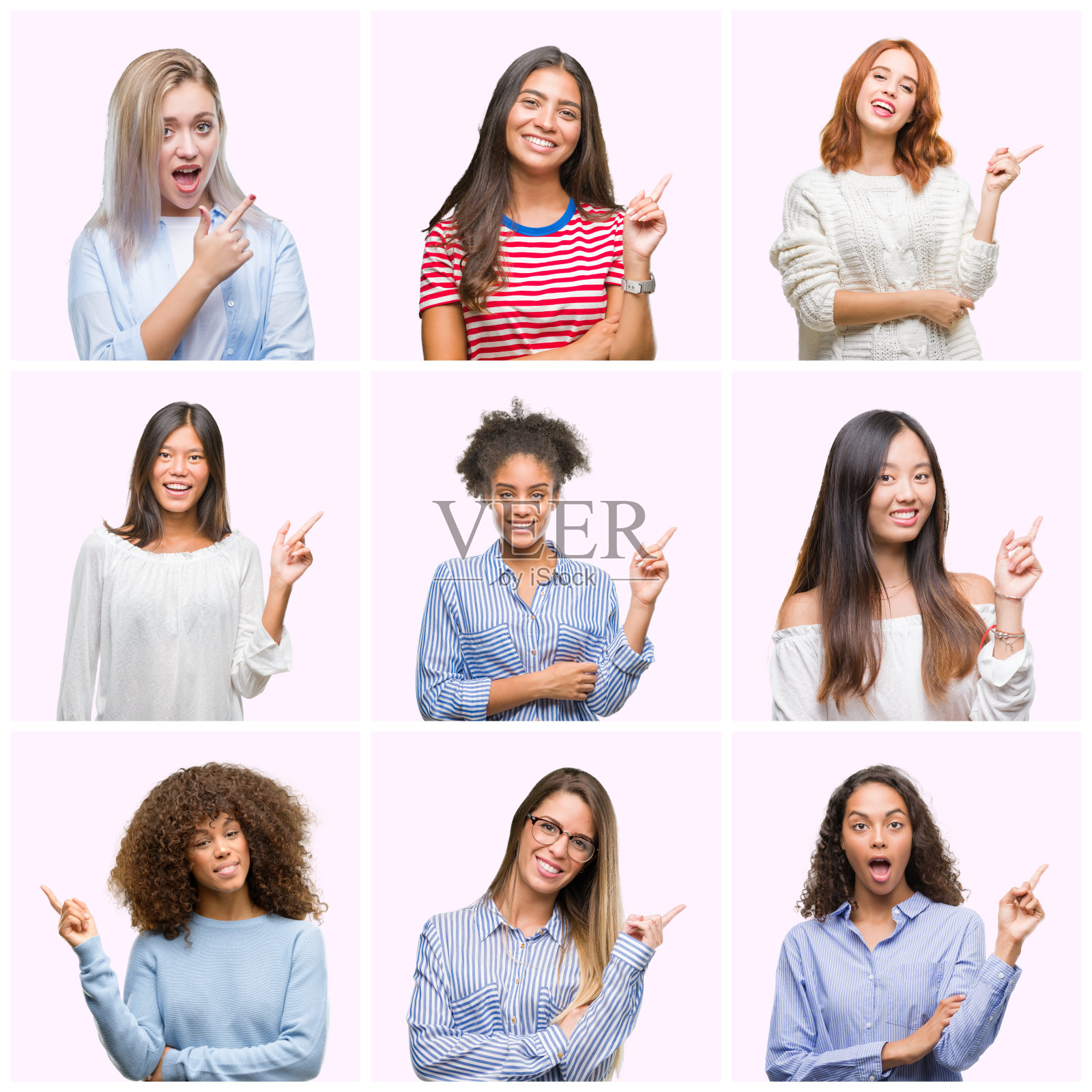 年轻女性的拼贴在粉红色孤立的背景上，脸上带着大大的微笑，用手和手指指着一边看着相机。照片摄影图片