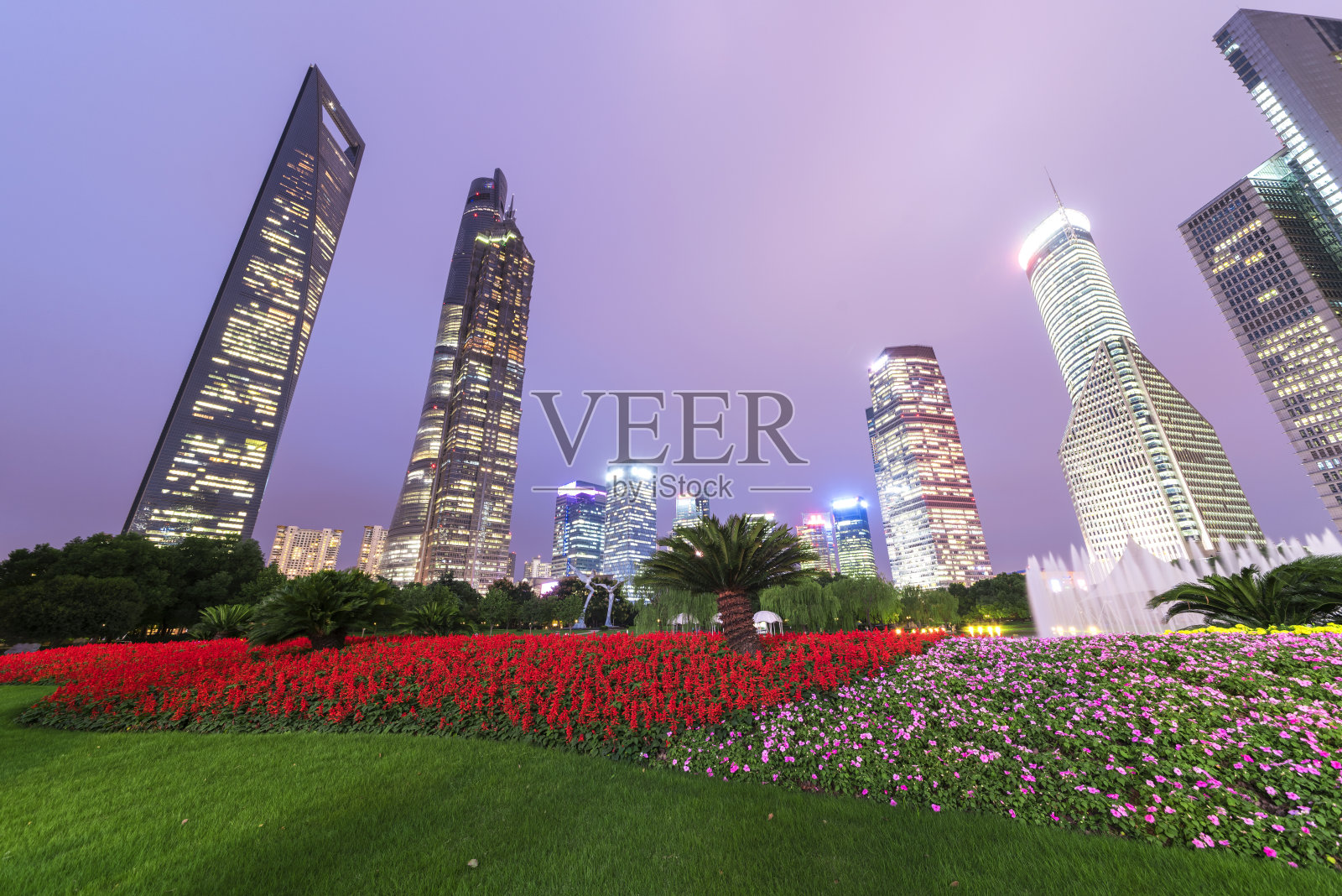 高层建筑和花园在晚上照片摄影图片