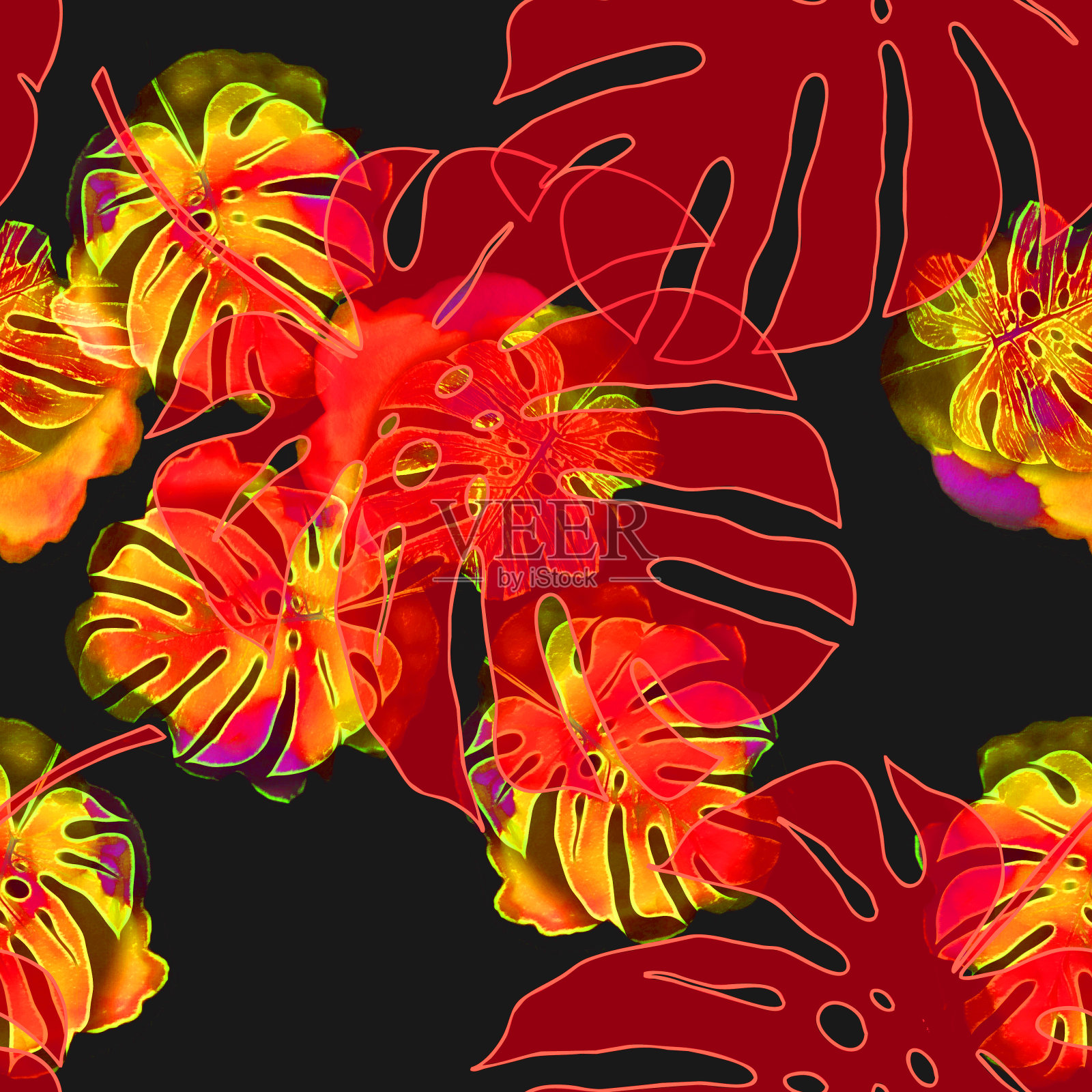 无缝图案的外来花的叶子。插画图片素材